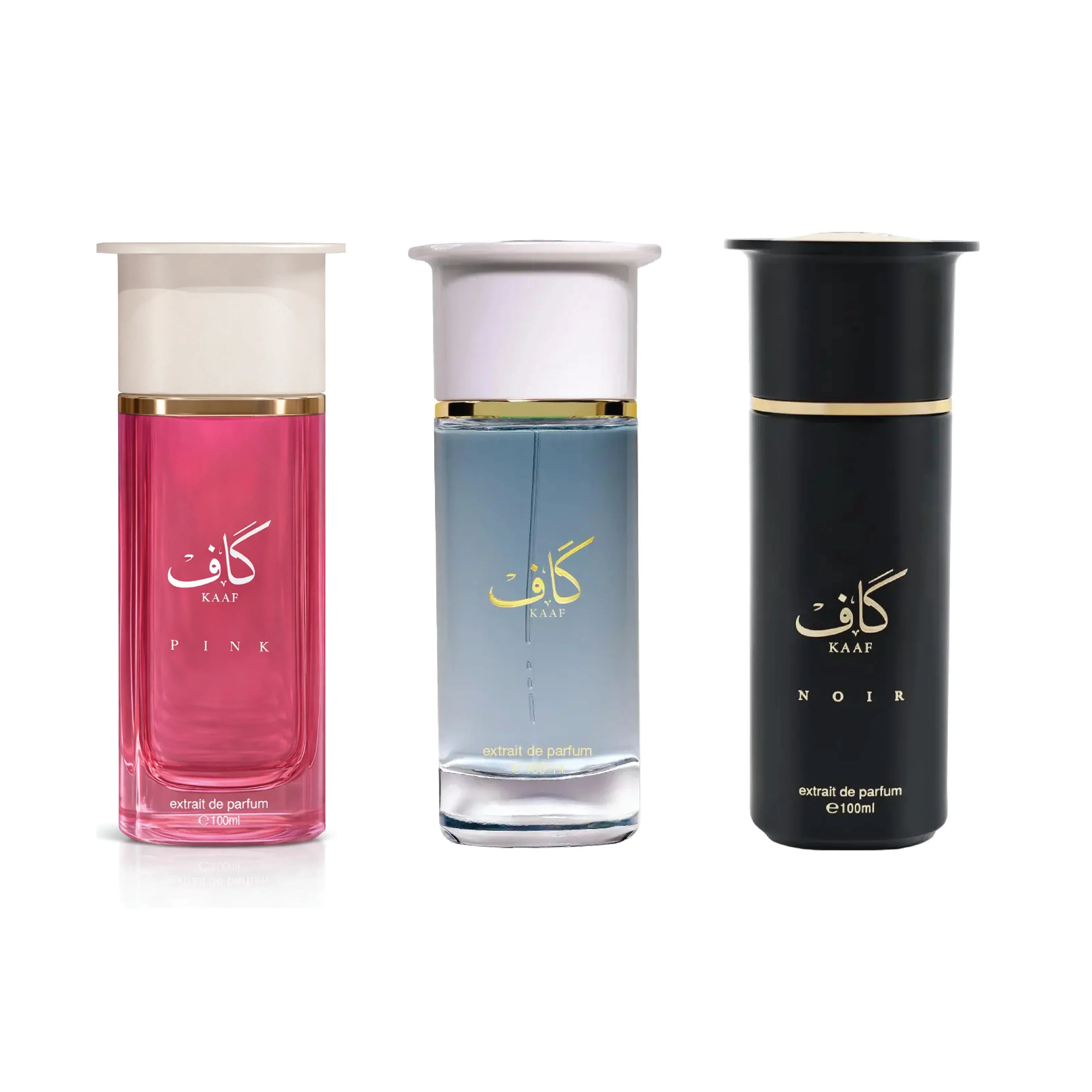 Three luxury perfume bottles with gold Arabic script, labeled Pink, blue, and Noir, 100ml each