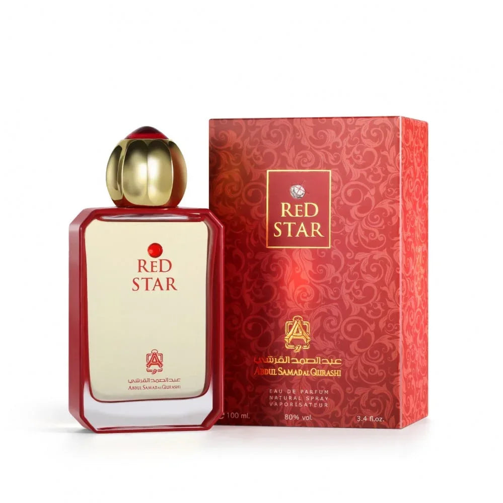 Red Star perfume bottle with gold cap next to ornate red packaging, Middle Eastern fragrance