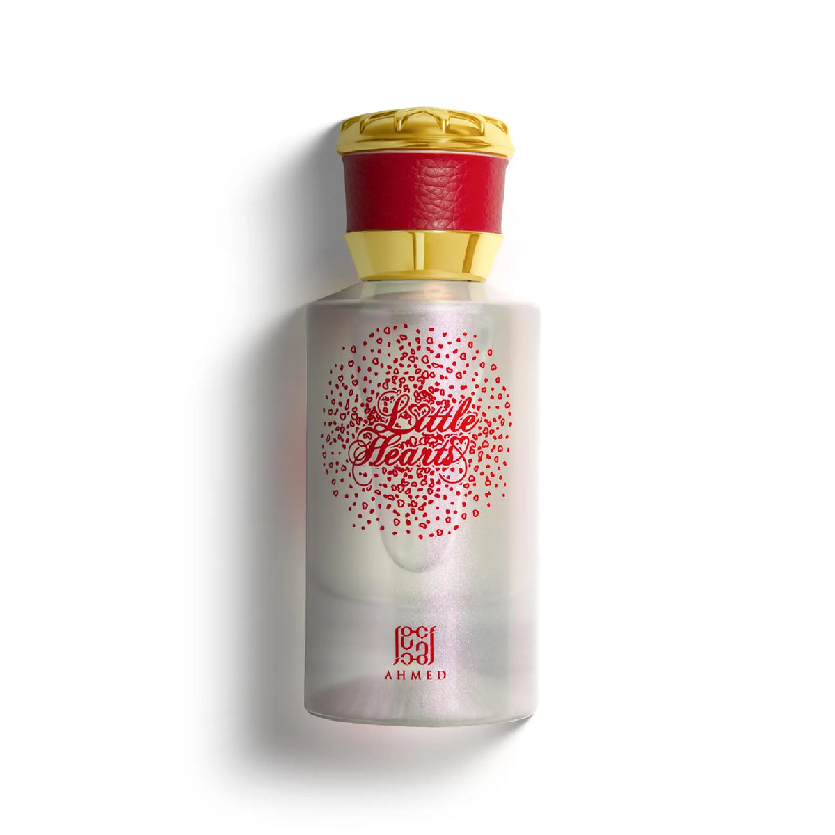Little Hearts 50ml perfume bottle with iridescent glass, red heart-patterned logo, and a gold and red textured cap.