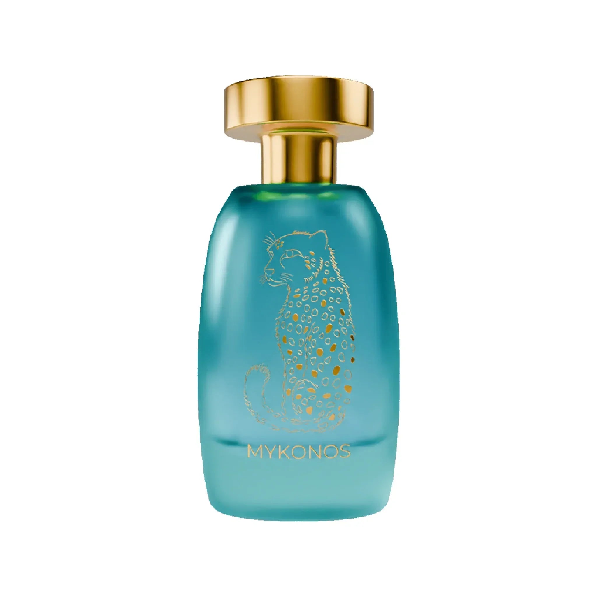 Blue Mykonos perfume bottle with gold cap and gold leopard illustration