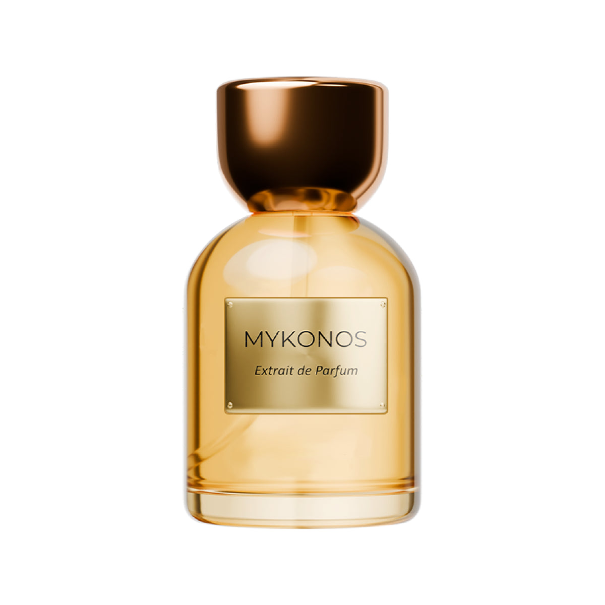 A bottle of MYKONOS Extrait de Parfum with a metallic gold cap and a gold label on a clear amber glass bottle, set against a solid white background.