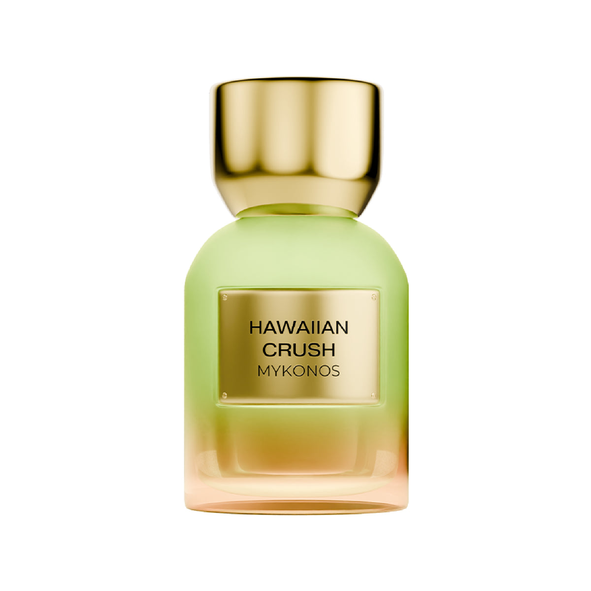 A bottle of MYKONOS Hawaiian Crush perfume with a light green to gold gradient glass body, a metallic gold cap, and a gold label on a solid white background.