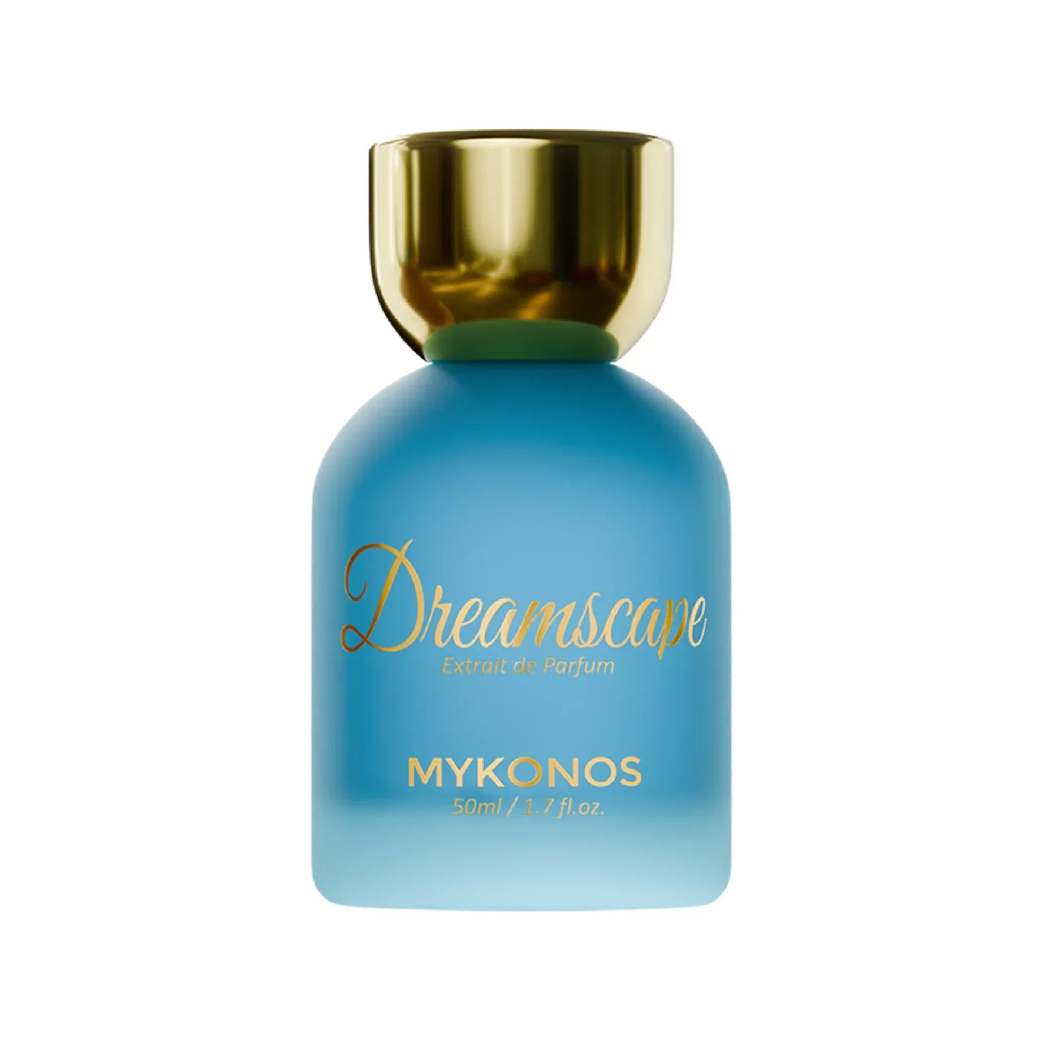Dreamscape Mykonos perfume bottle, blue frosted glass with gold cap, 50ml, extrait de parfum