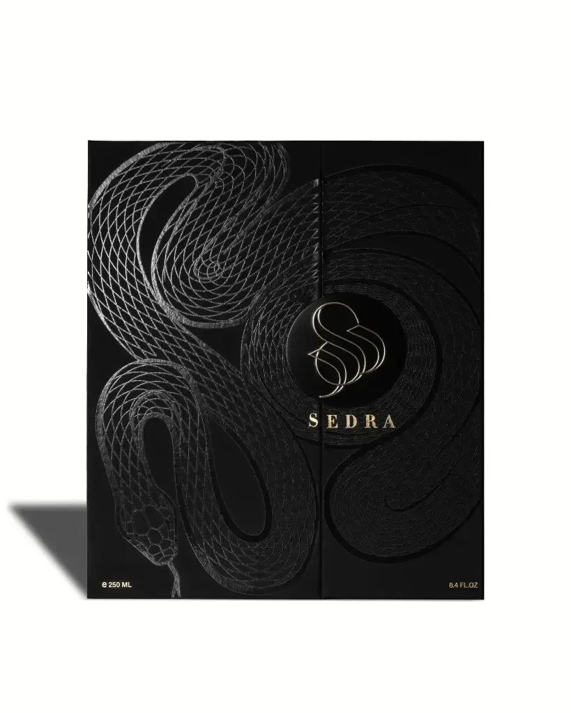 Luxury Sedra perfume box with embossed snake illustration, elegant black and gold design