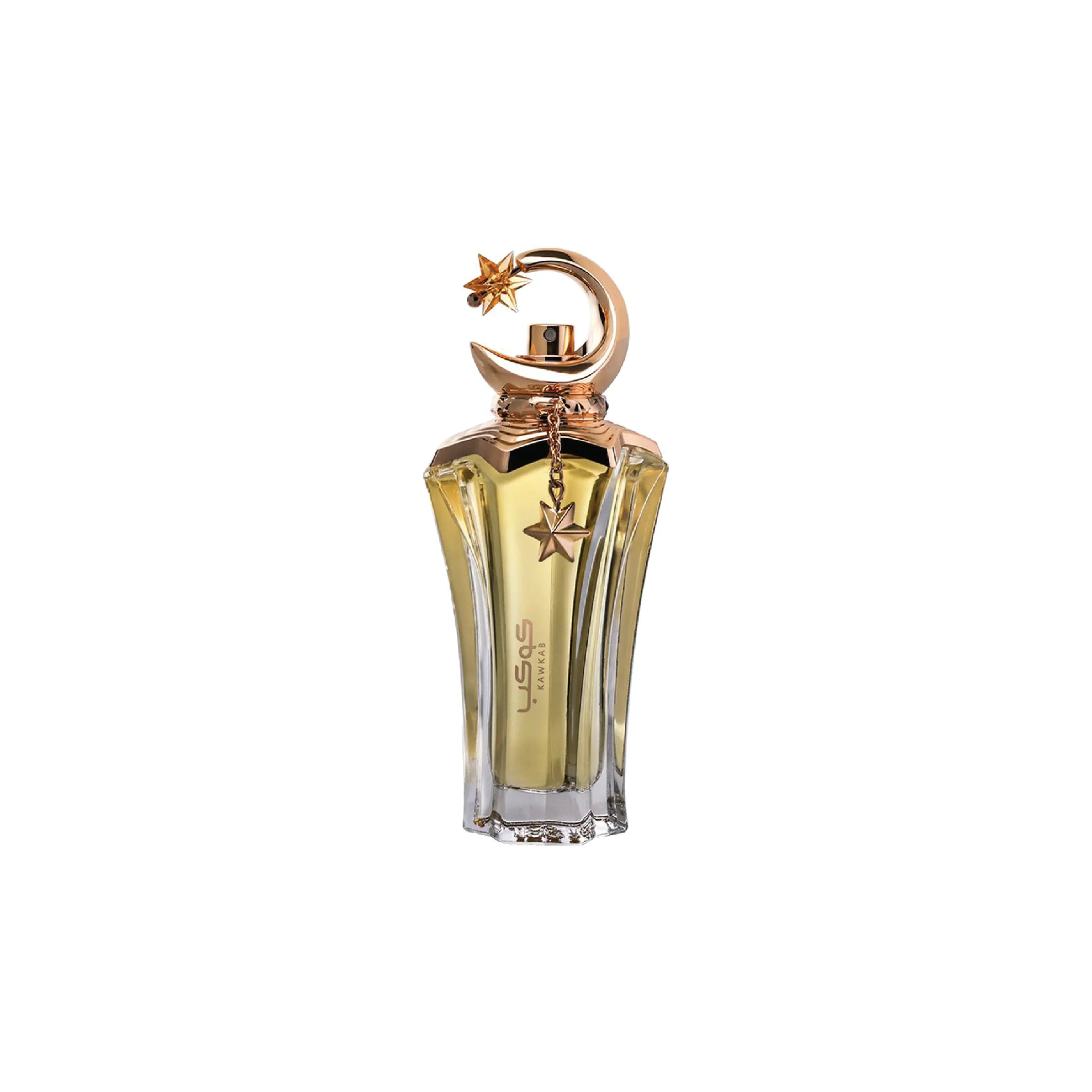 Luxury Middle Eastern perfume bottle with crescent moon and star design, golden fragrance essence