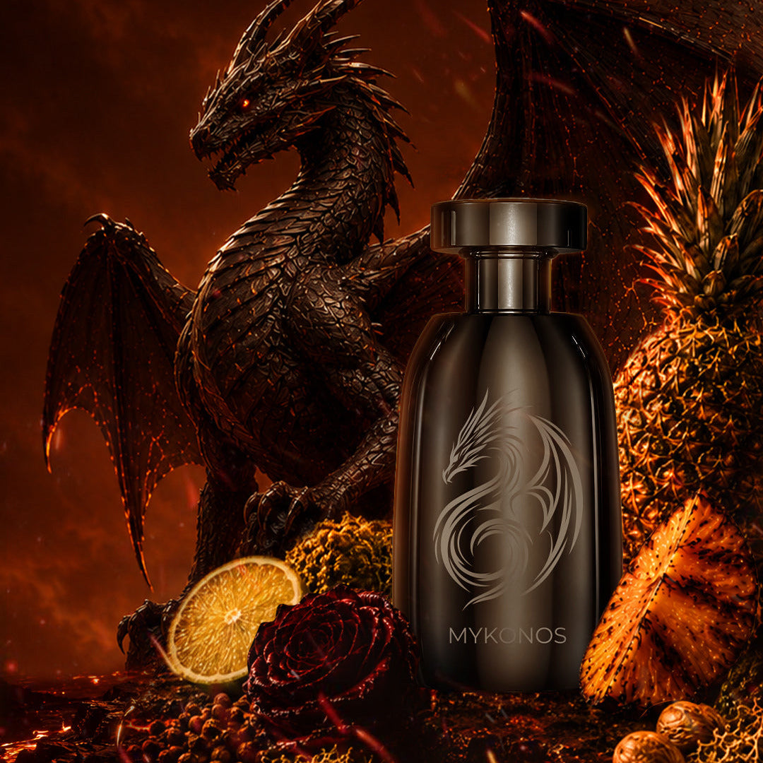 A dark glass perfume bottle labeled 'MYKUNOS' with a dragon graphic, set against a dramatic fiery backdrop featuring a black dragon, pineapples, dried flowers, and citrus slices.