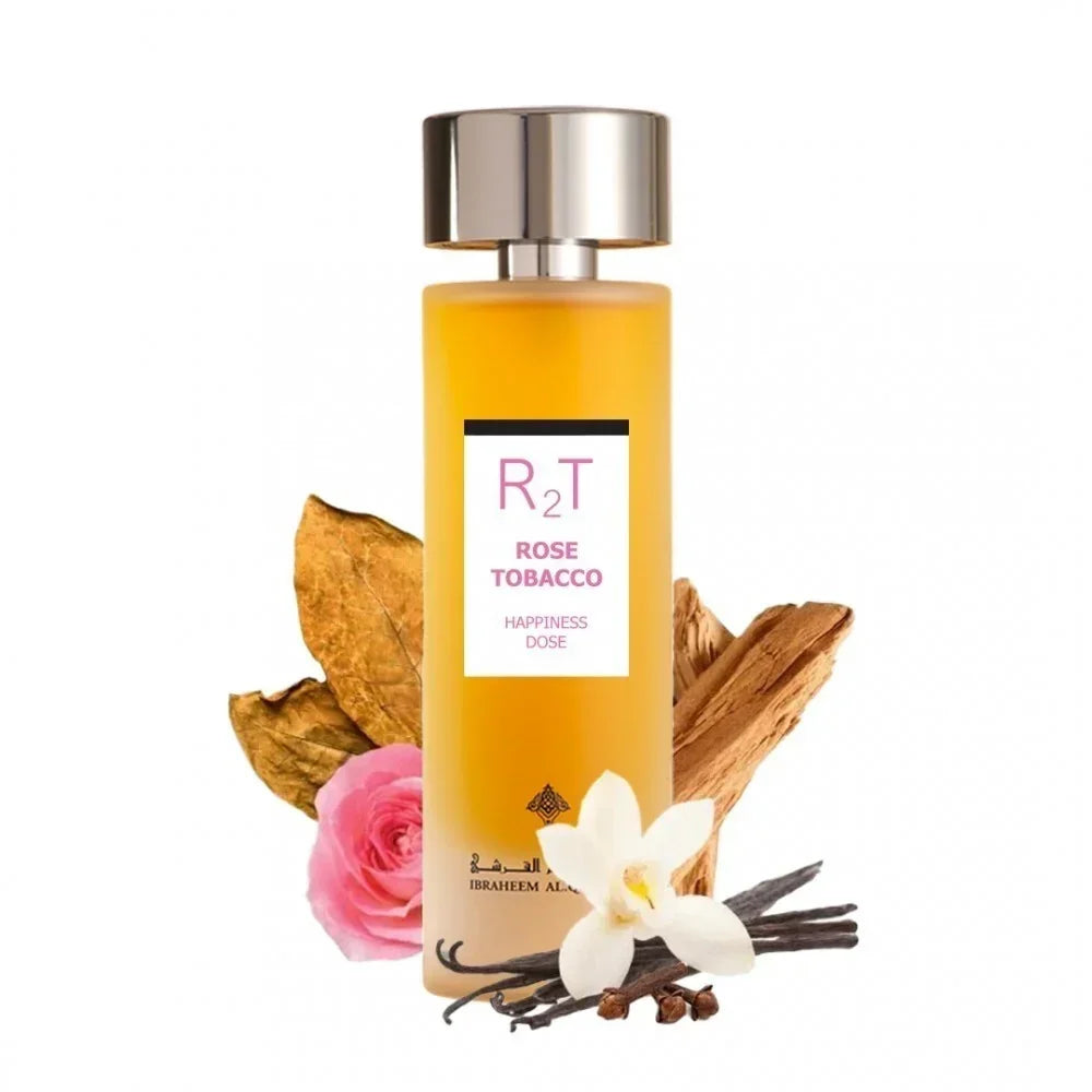Rose Tobacco perfume bottle with vanilla flower, rose, and tobacco leaves