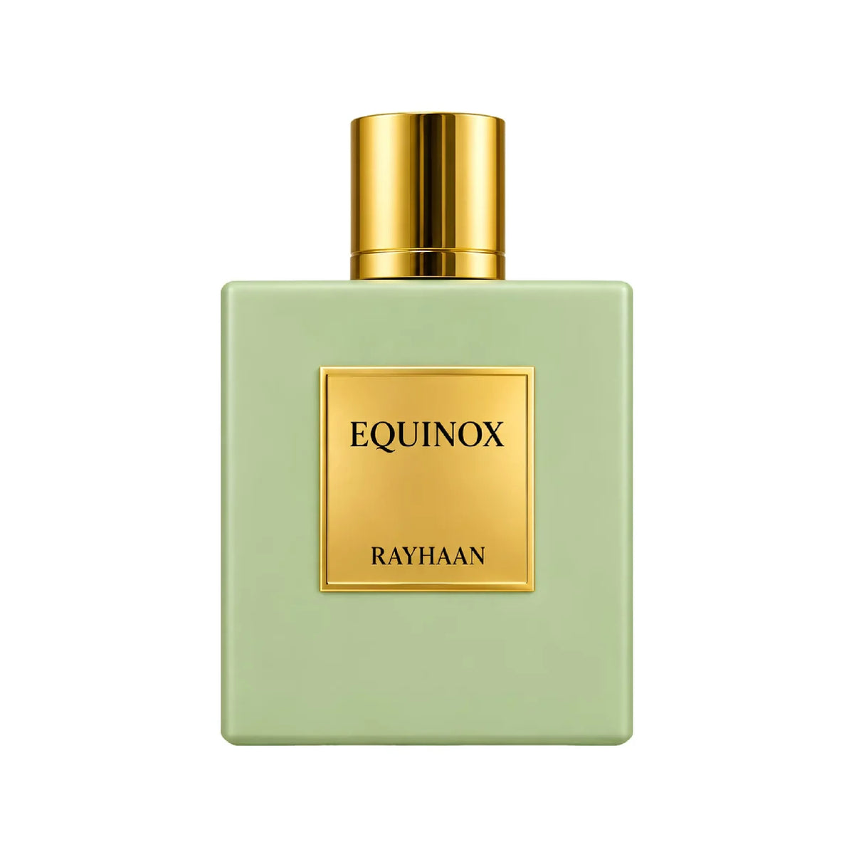 Rayhaan Equinox 100ml perfume in a matte sage green bottle with a gold cap and matching gold label.