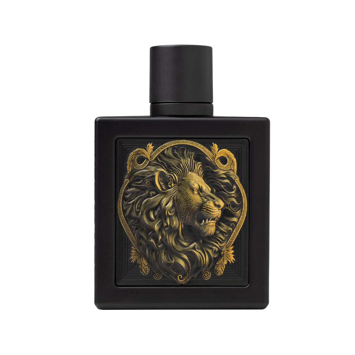 A rectangular black perfume bottle with a matching black cap, featuring a prominent gold lion head emblem on the front, set against a plain white background.