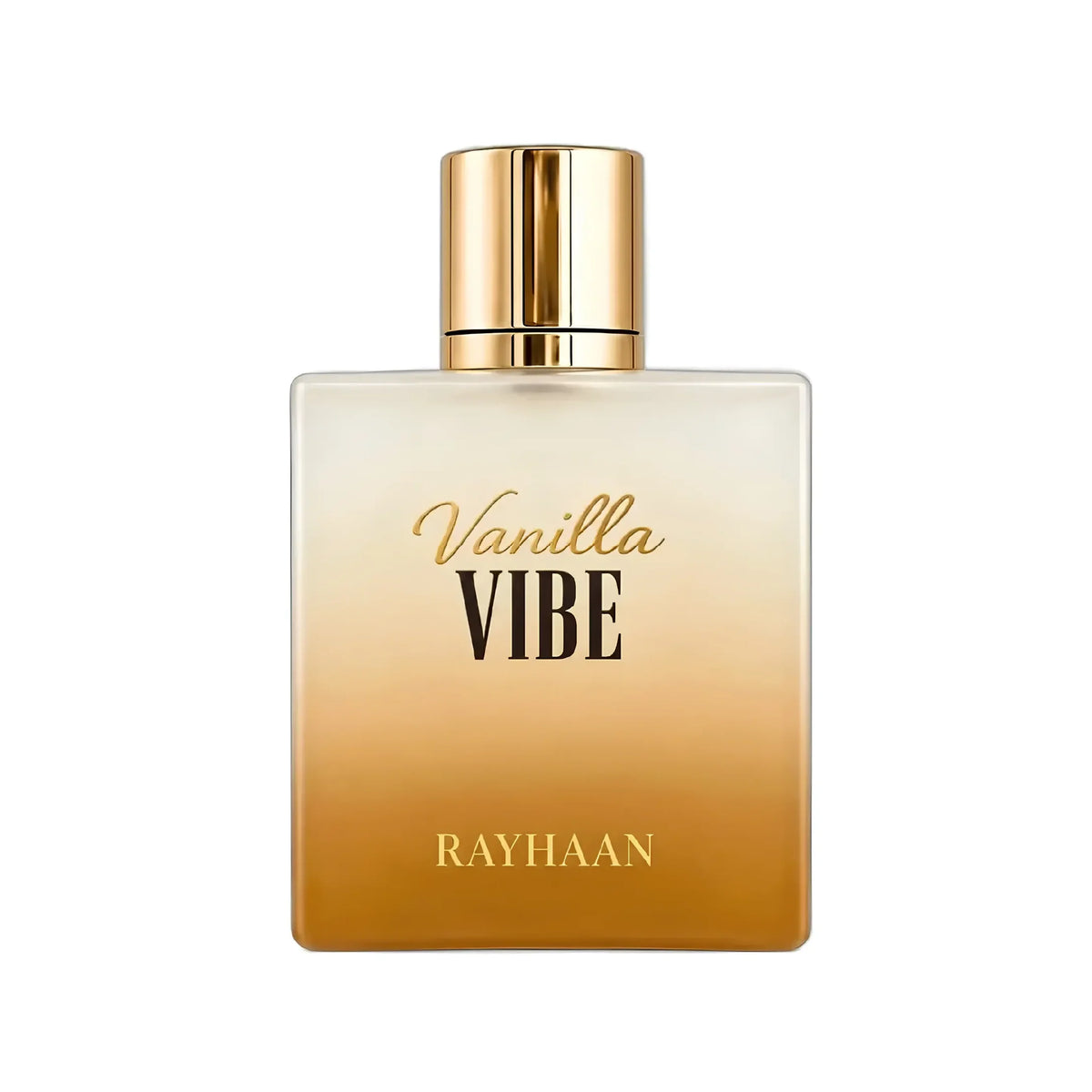 Rayhaan Vanilla Vibe perfume in a square glass bottle with a gold ombre gradient and a metallic gold cap.