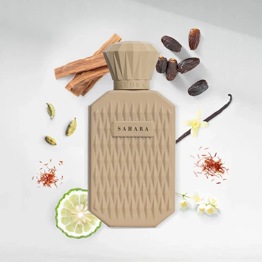 Beige Sahara perfume bottle with wood, dates, cardamom, saffron, vanilla, citrus, and flowers