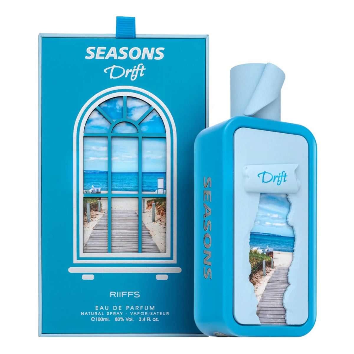Riiffs Seasons Drift 100ml EDP bottle and blue box featuring a scenic beach window design on a white background.