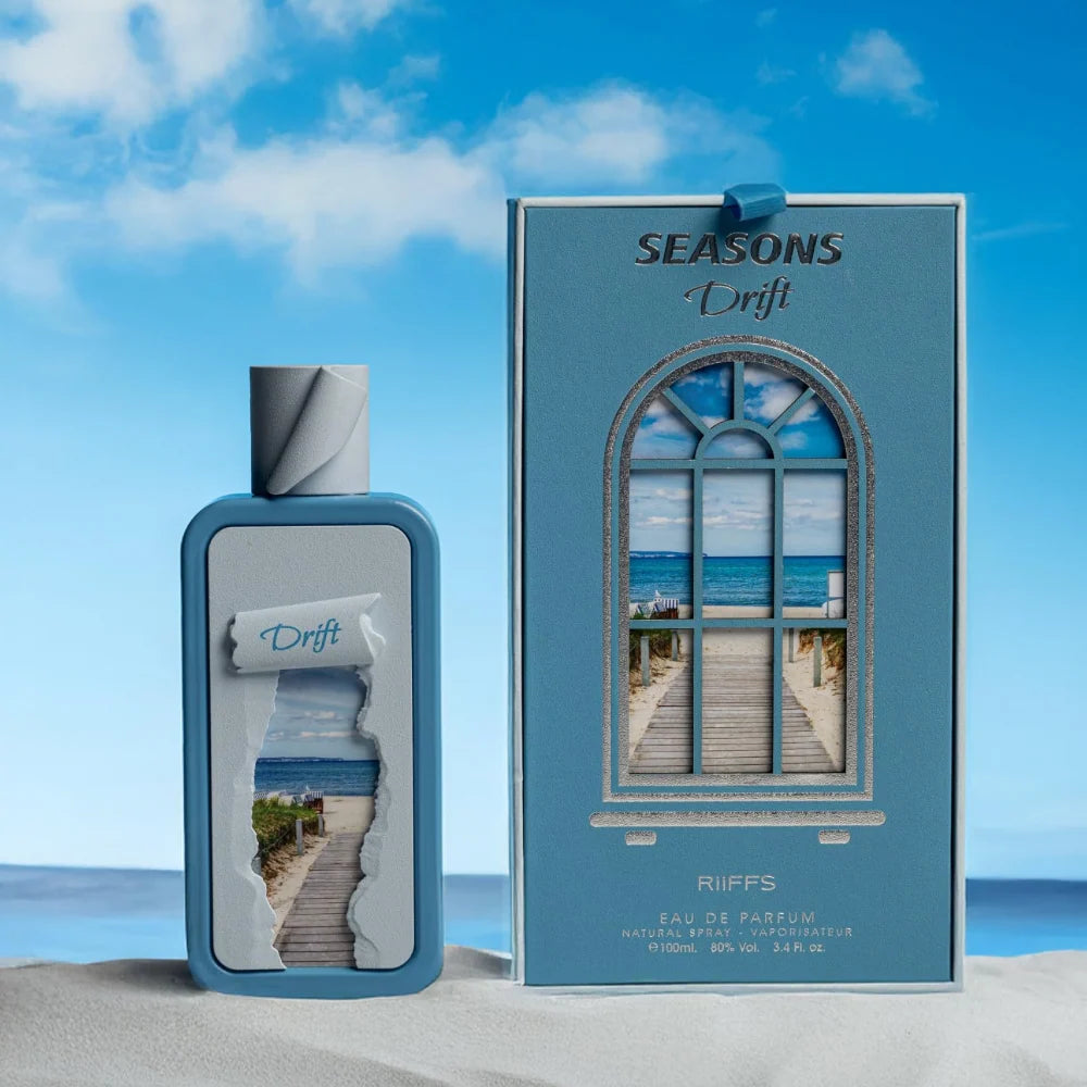 Riiffs Seasons Drift 100ml perfume bottle and box featuring a beach window design on white sand against a blue sky.