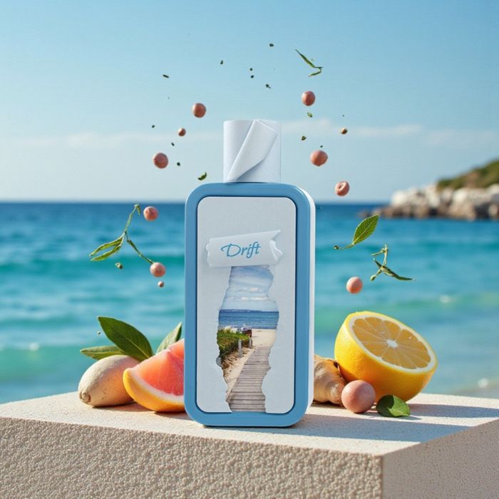 Seasons Drift 100ml perfume bottle with blue frame, beach imagery, and fresh citrus ingredients on a stone pedestal.