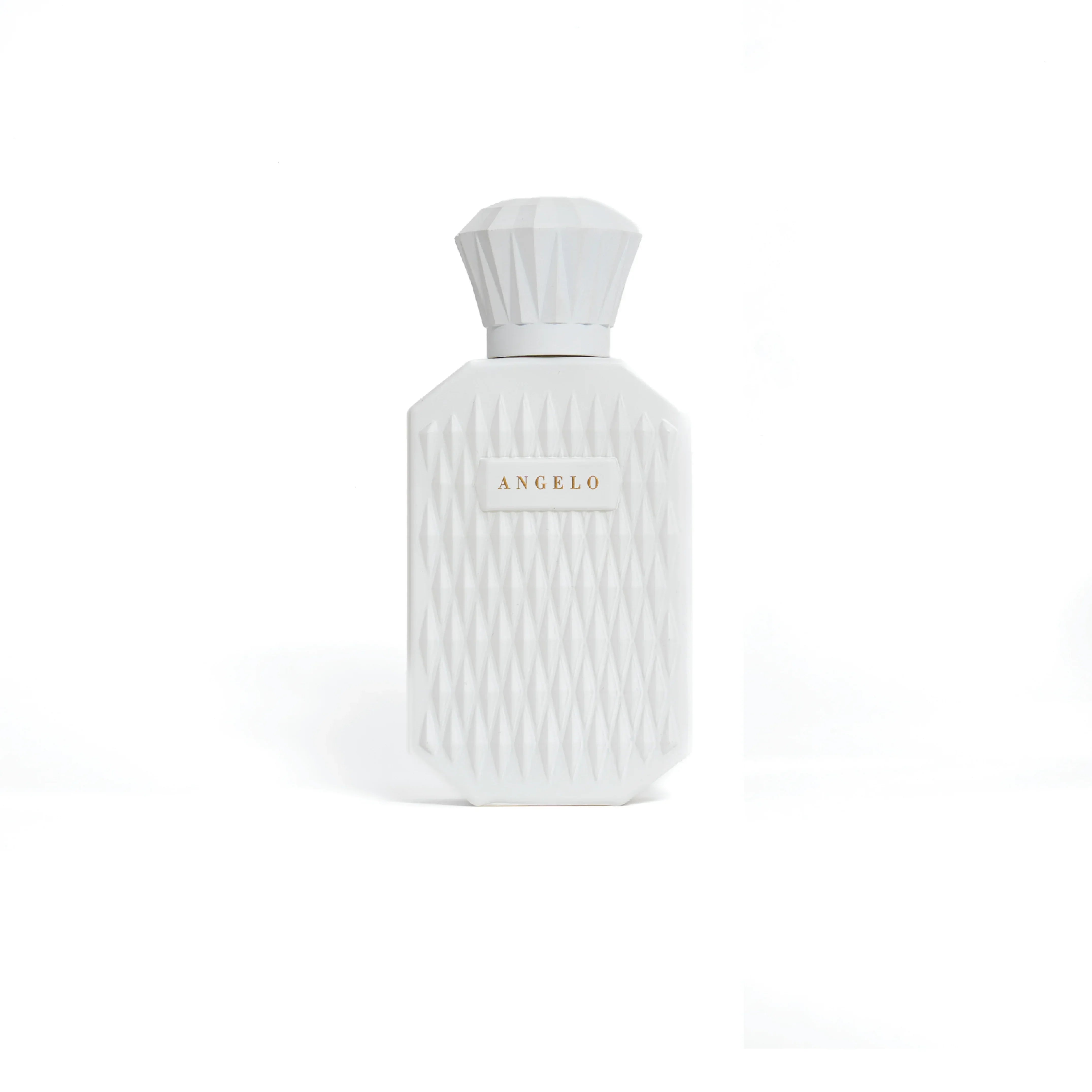 Luxury white perfume bottle labeled ANGELO with geometric pattern on white background