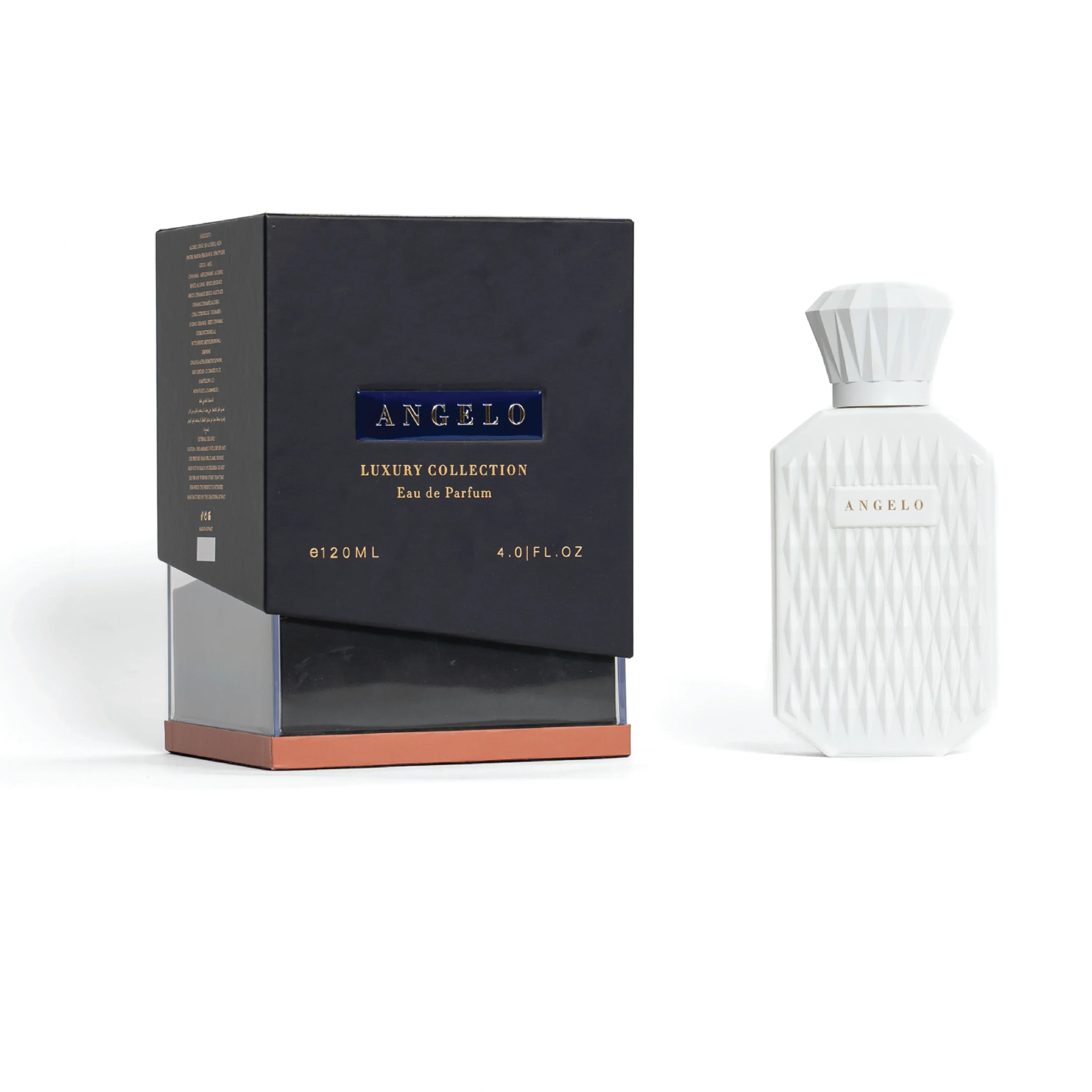 Angelo Luxury Collection Eau de Parfum with white textured bottle and elegant gift box