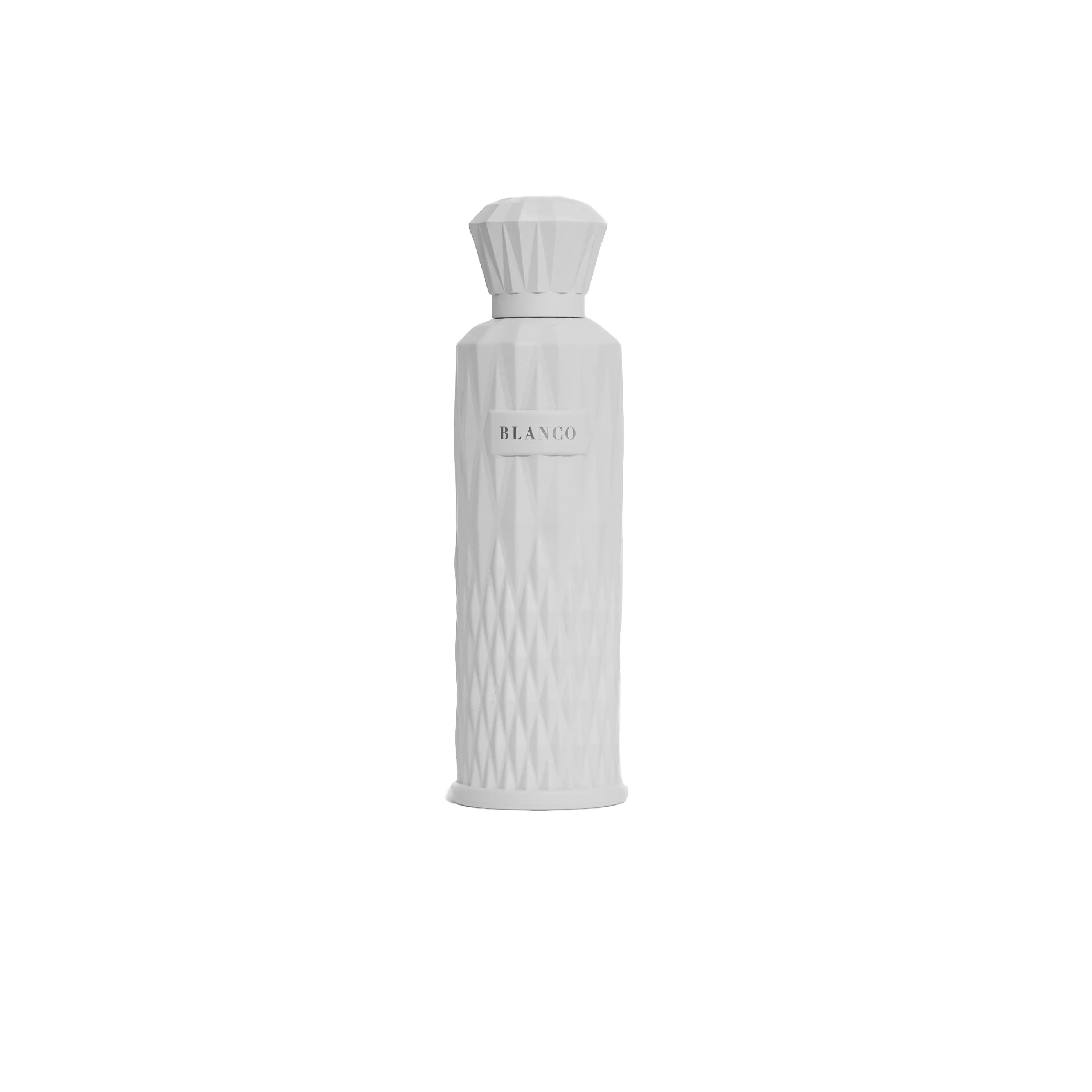 White luxury perfume bottle labeled BLANCO with geometric textured design on white background