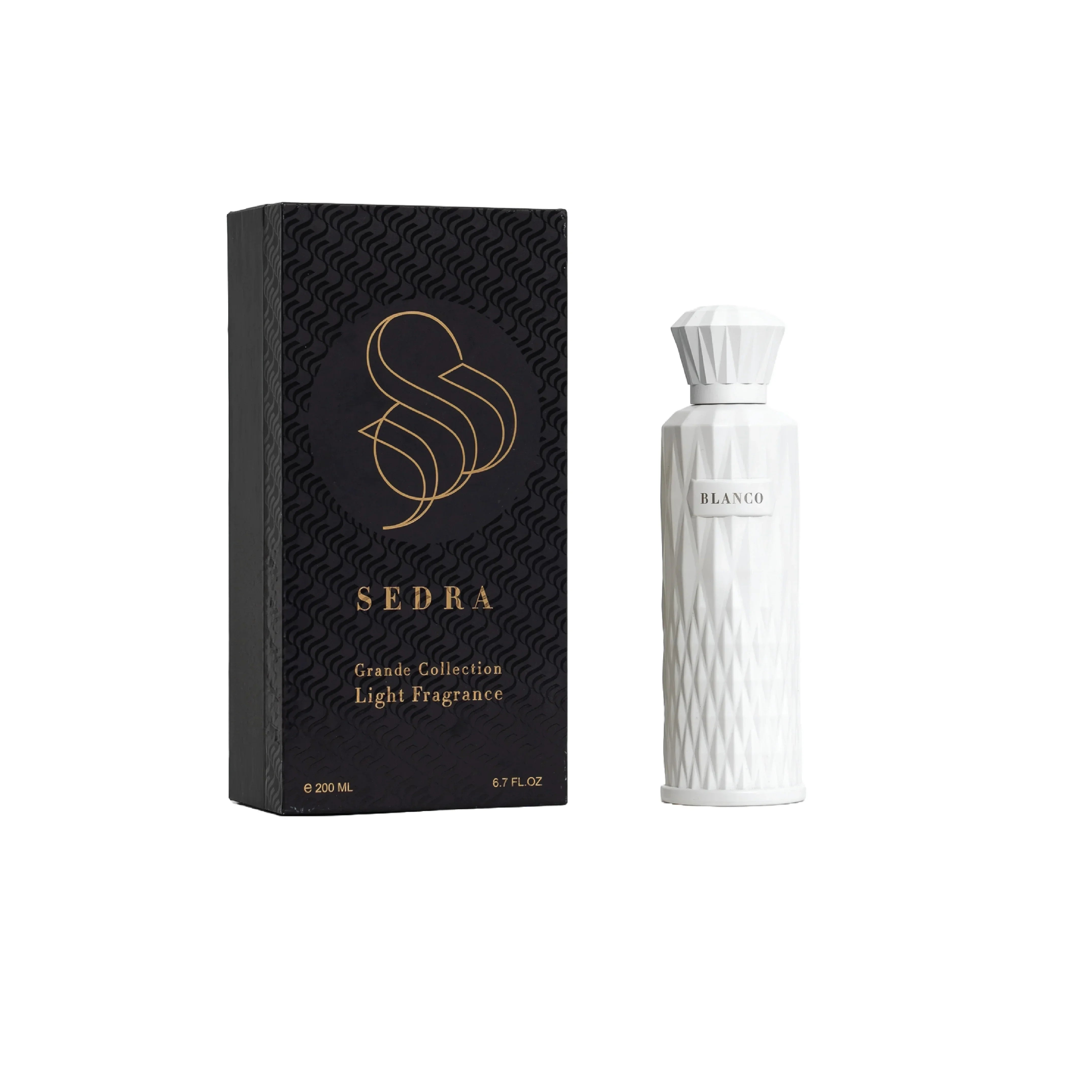 Sedra Blanco luxury perfume bottle and black textured gift box, Middle Eastern fragrance