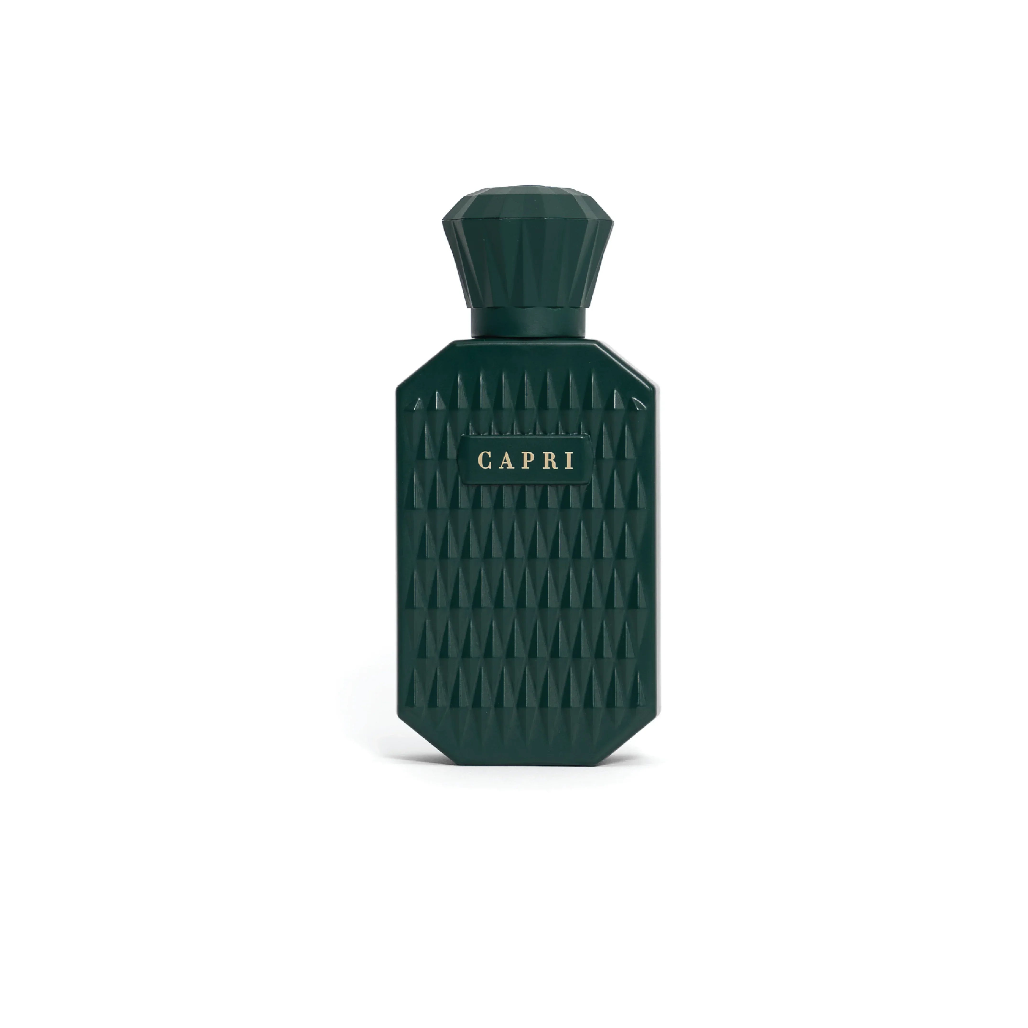 Dark green textured perfume bottle labeled Capri on a white background