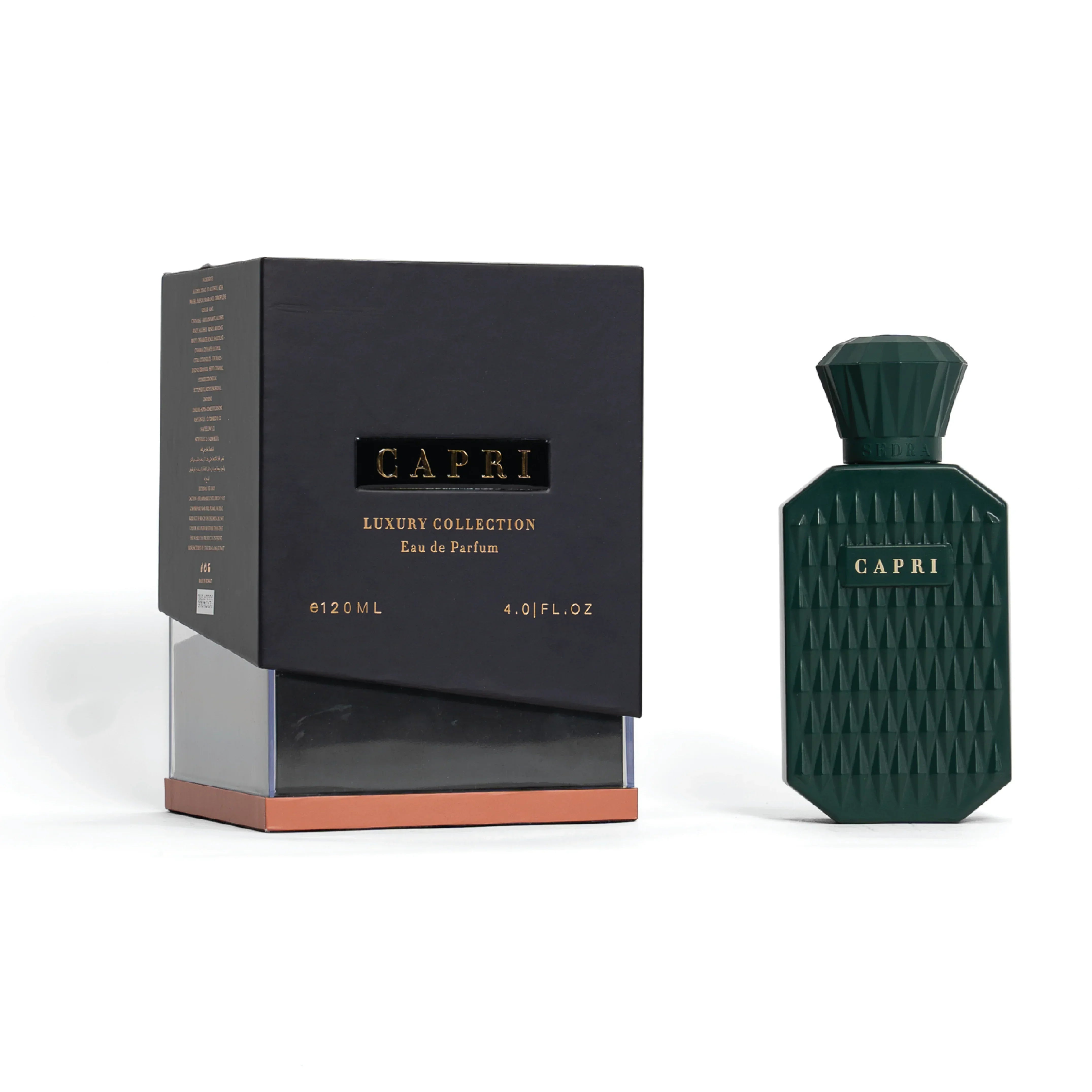 Capri Eau de Parfum luxury fragrance bottle and box, 120ml, with geometric design