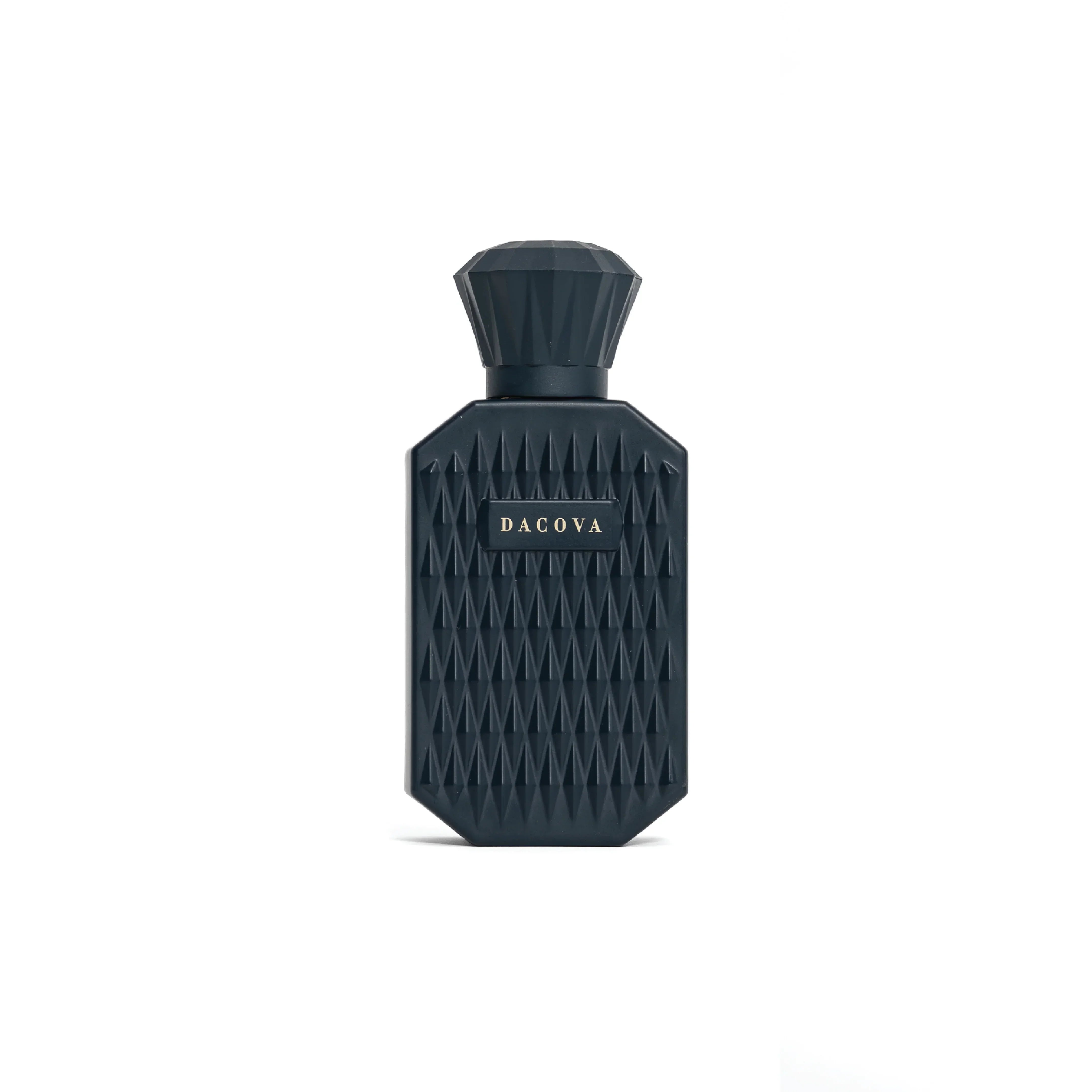 Elegant black DACOVA perfume bottle with textured geometric design, luxury fragrance