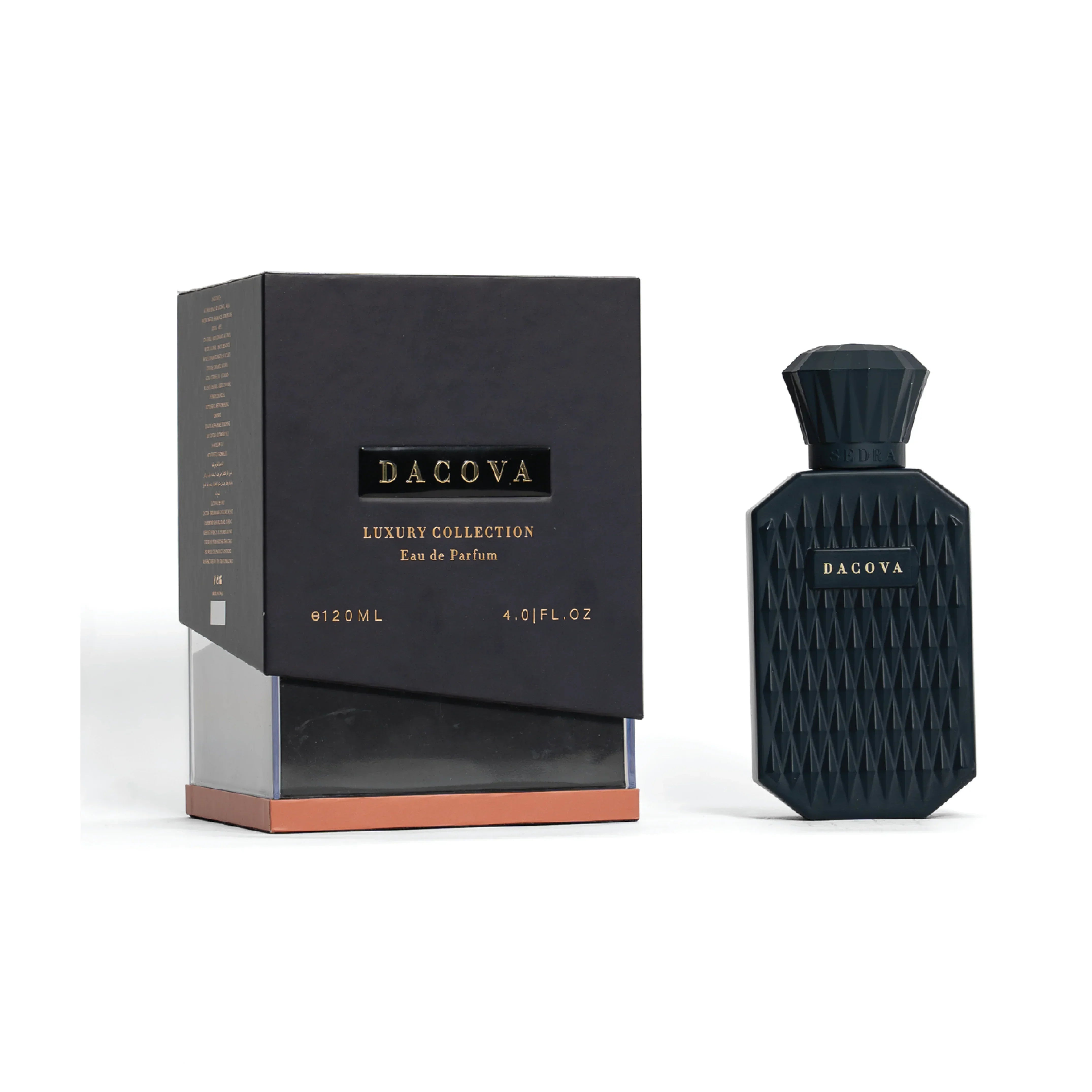 Dacova luxury perfume bottle with textured black design and matching elegant box, 120ml