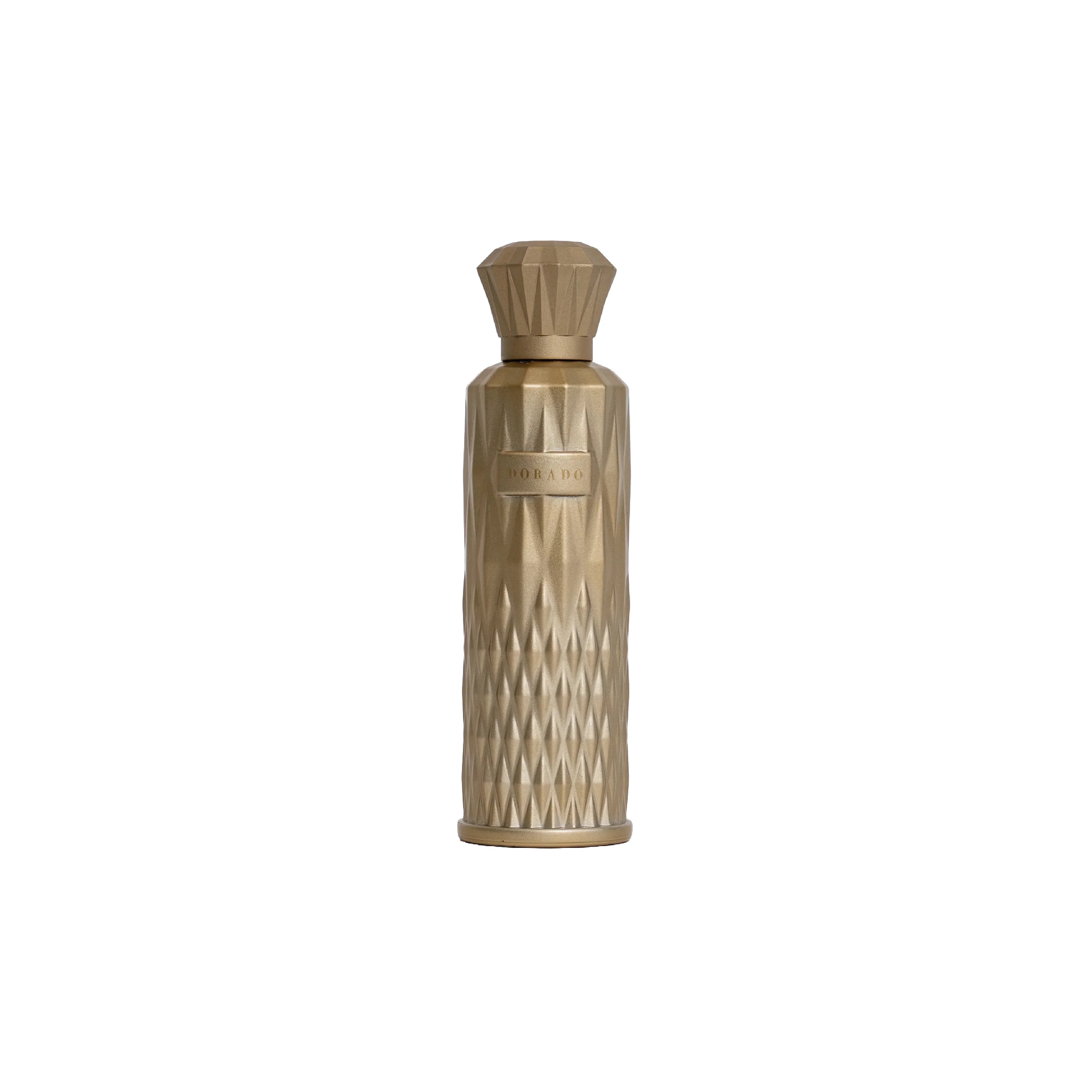 Gold textured perfume bottle labeled Dorado on white background, luxury fragrance