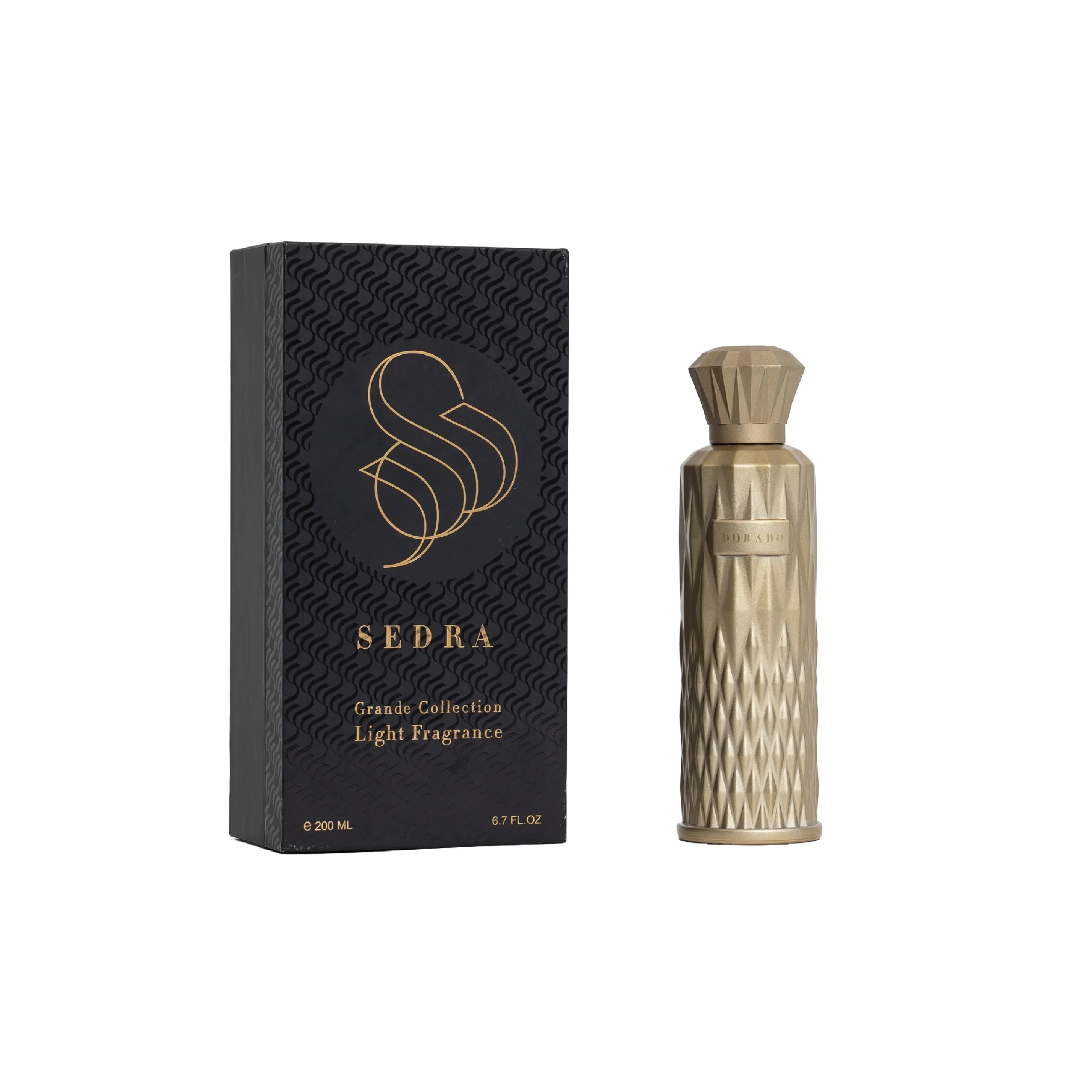 Sedra Grande Collection luxury perfume bottle with textured gold design and matching box