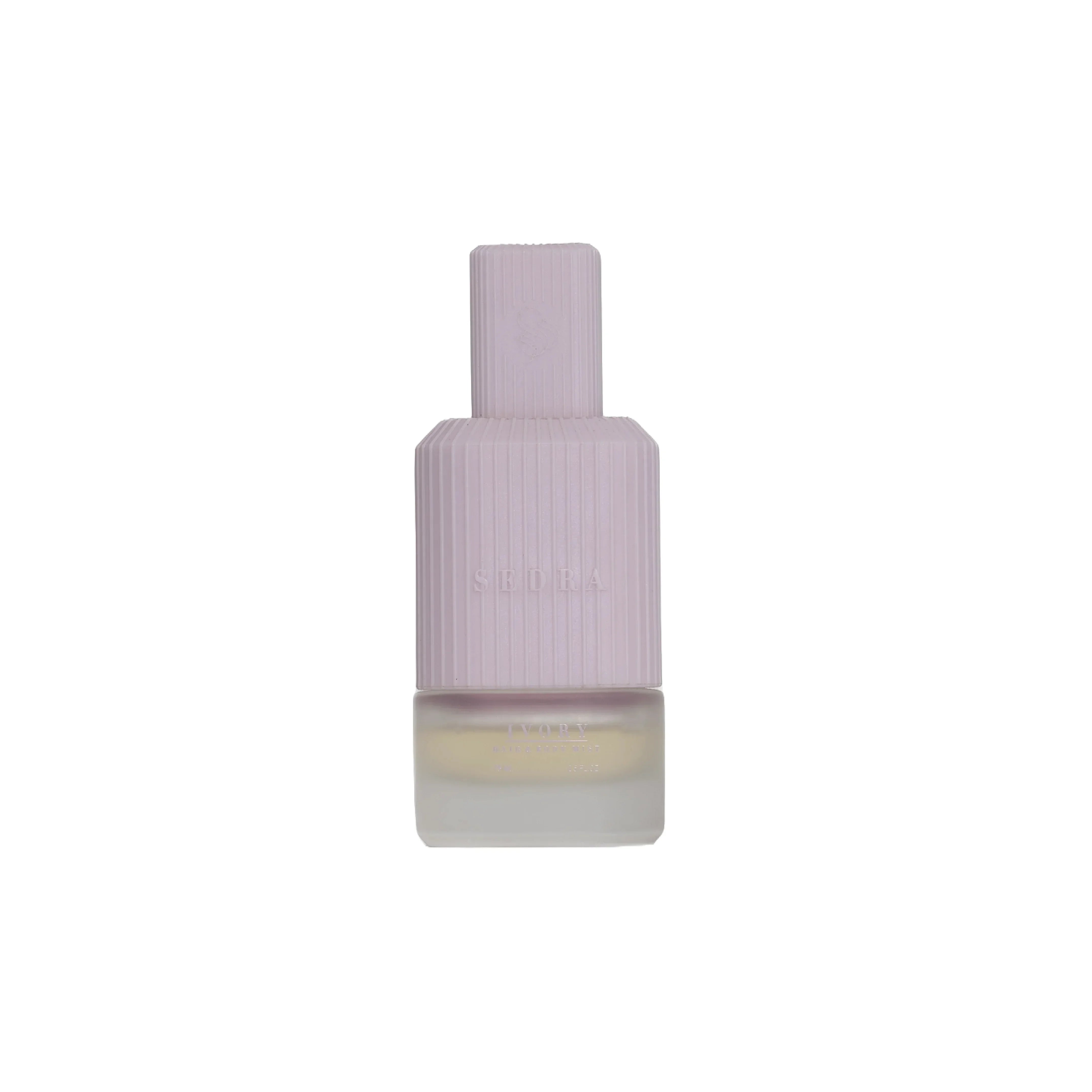 Minimalist ribbed lavender perfume bottle with frosted glass base on white background