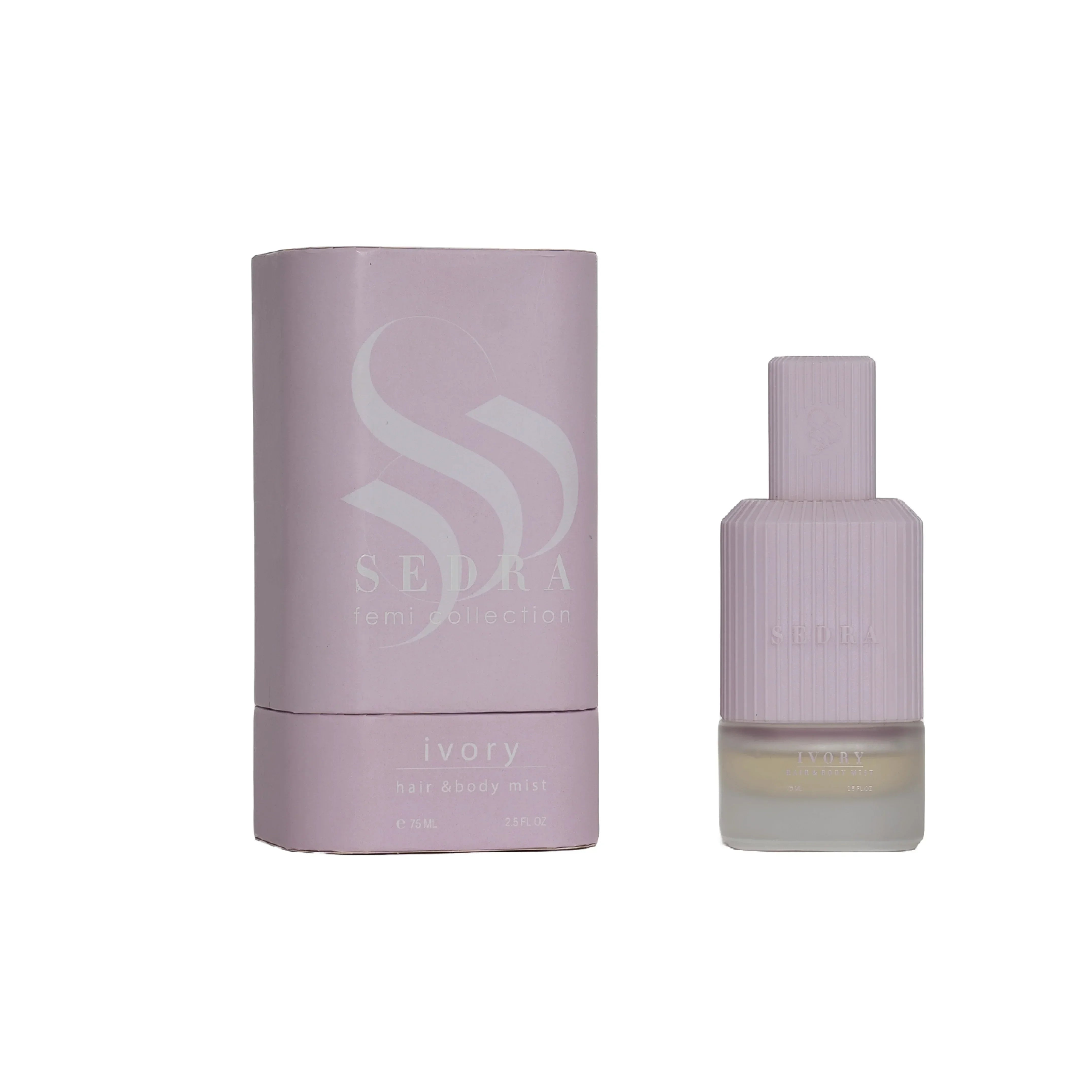 Sedra Femi Collection Ivory hair and body mist with pastel pink bottle and packaging