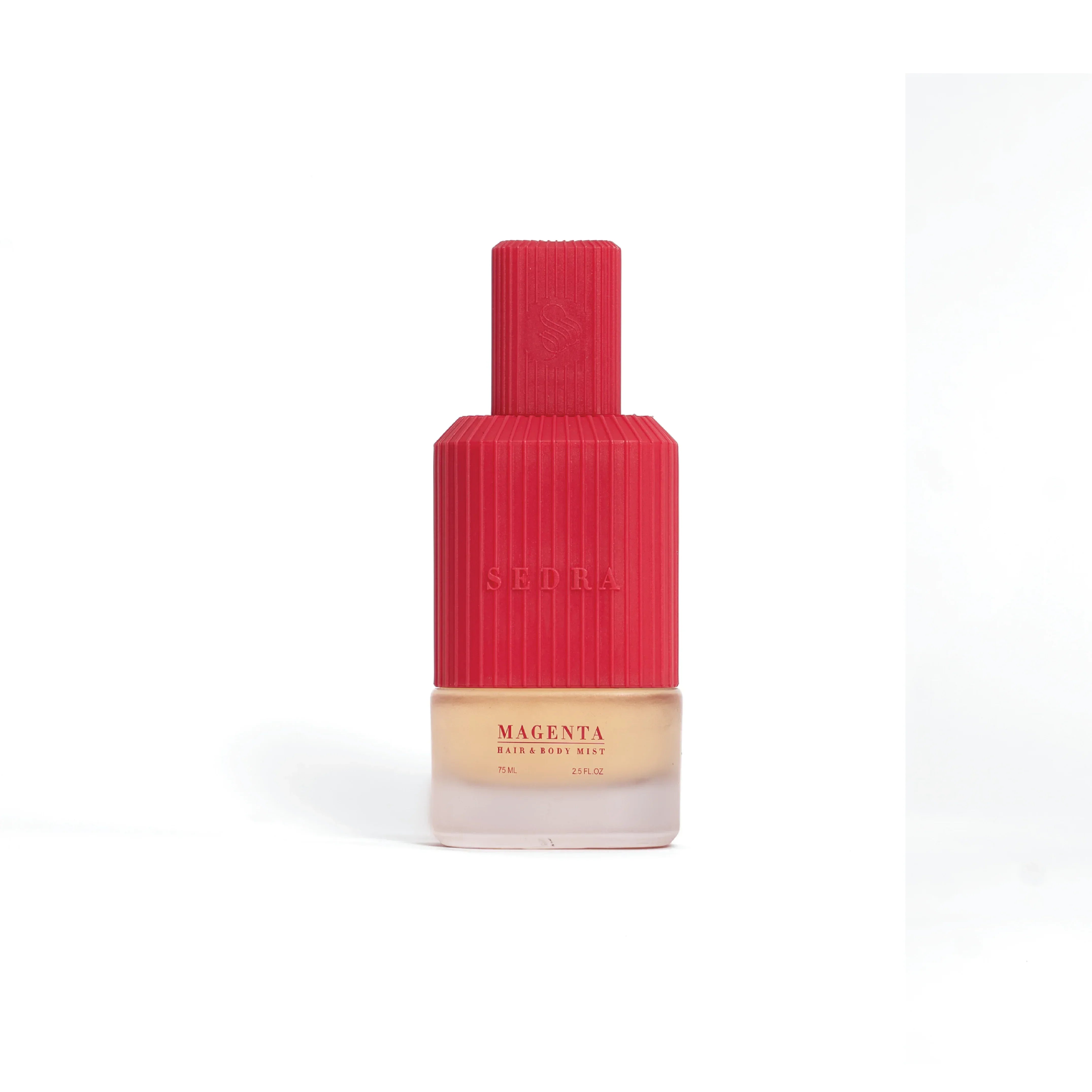 Magenta Sedra hair and body mist bottle with textured red cap on white background