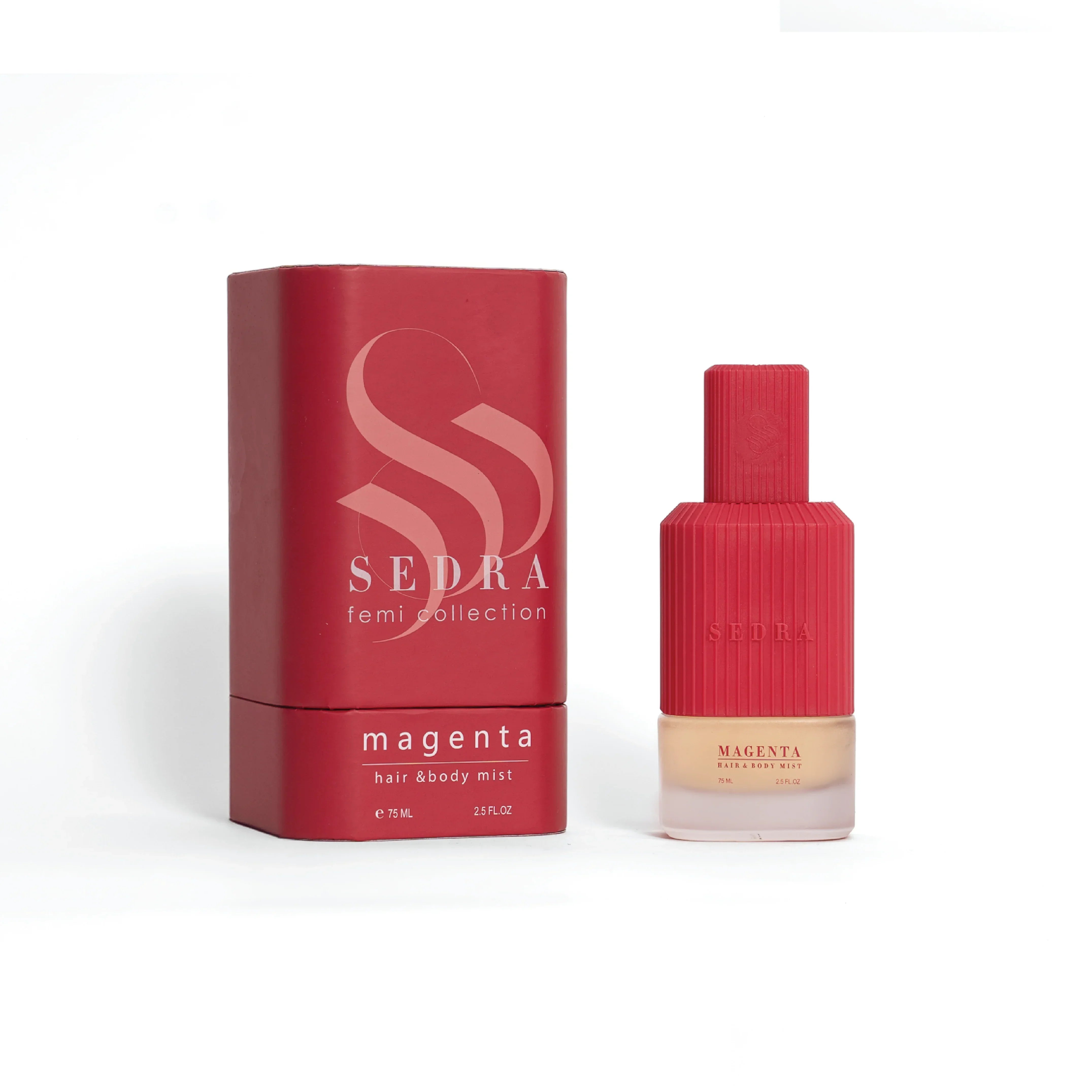 Sedra Magenta hair and body mist bottle with matching magenta packaging, elegant design