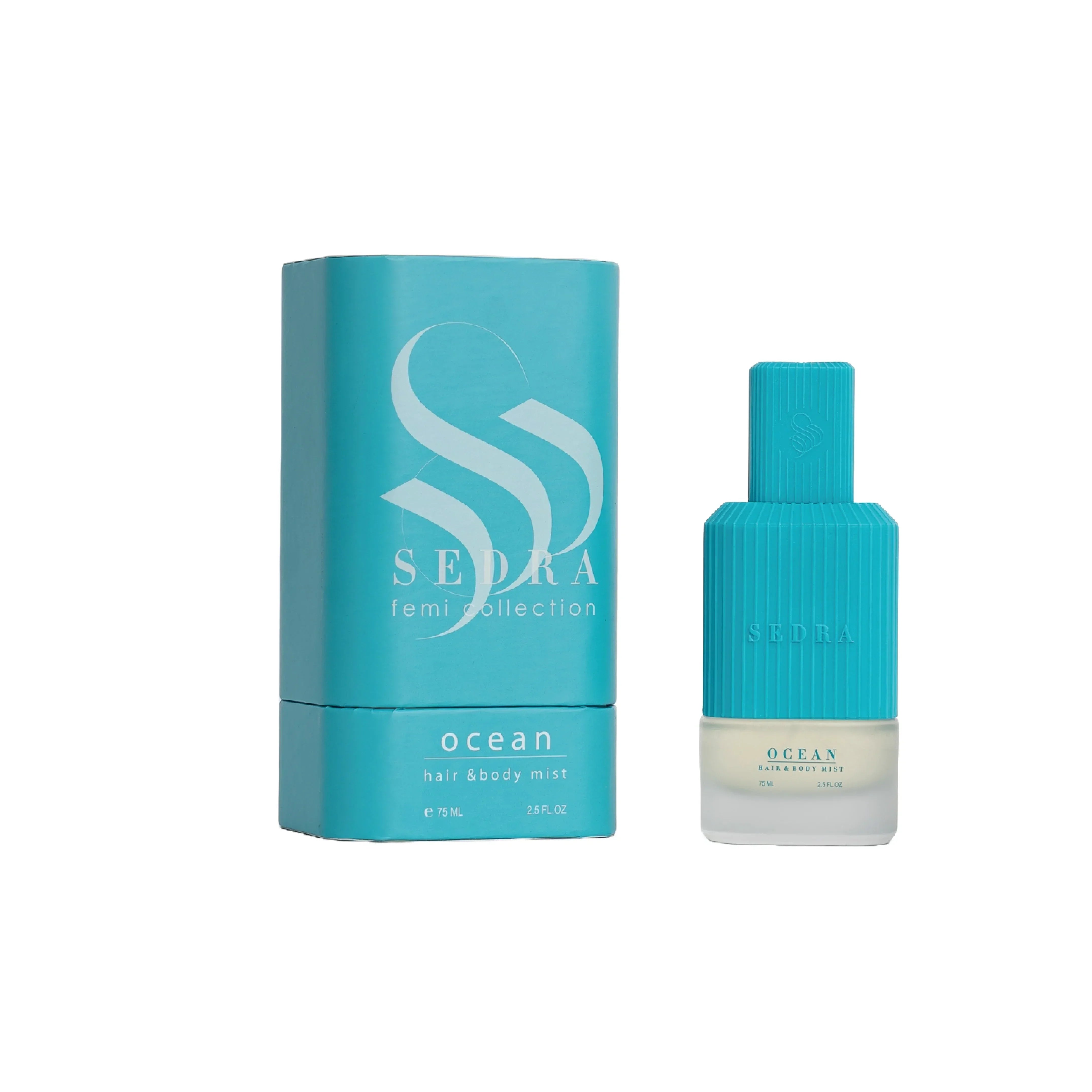 Sedra Ocean hair and body mist with blue bottle and matching cylindrical box