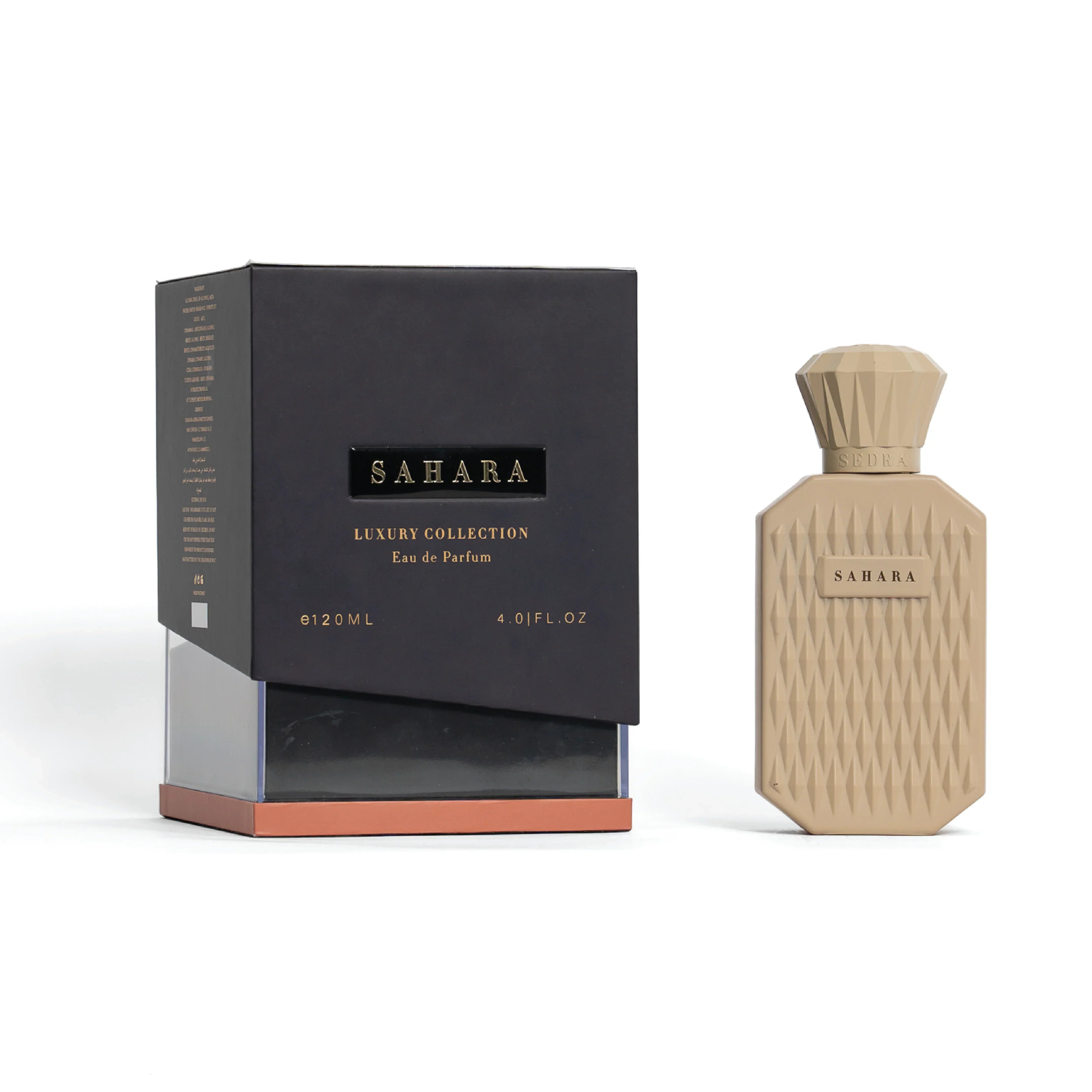 Sahara Luxury Collection Eau de Parfum with textured beige bottle and black box, 120ml