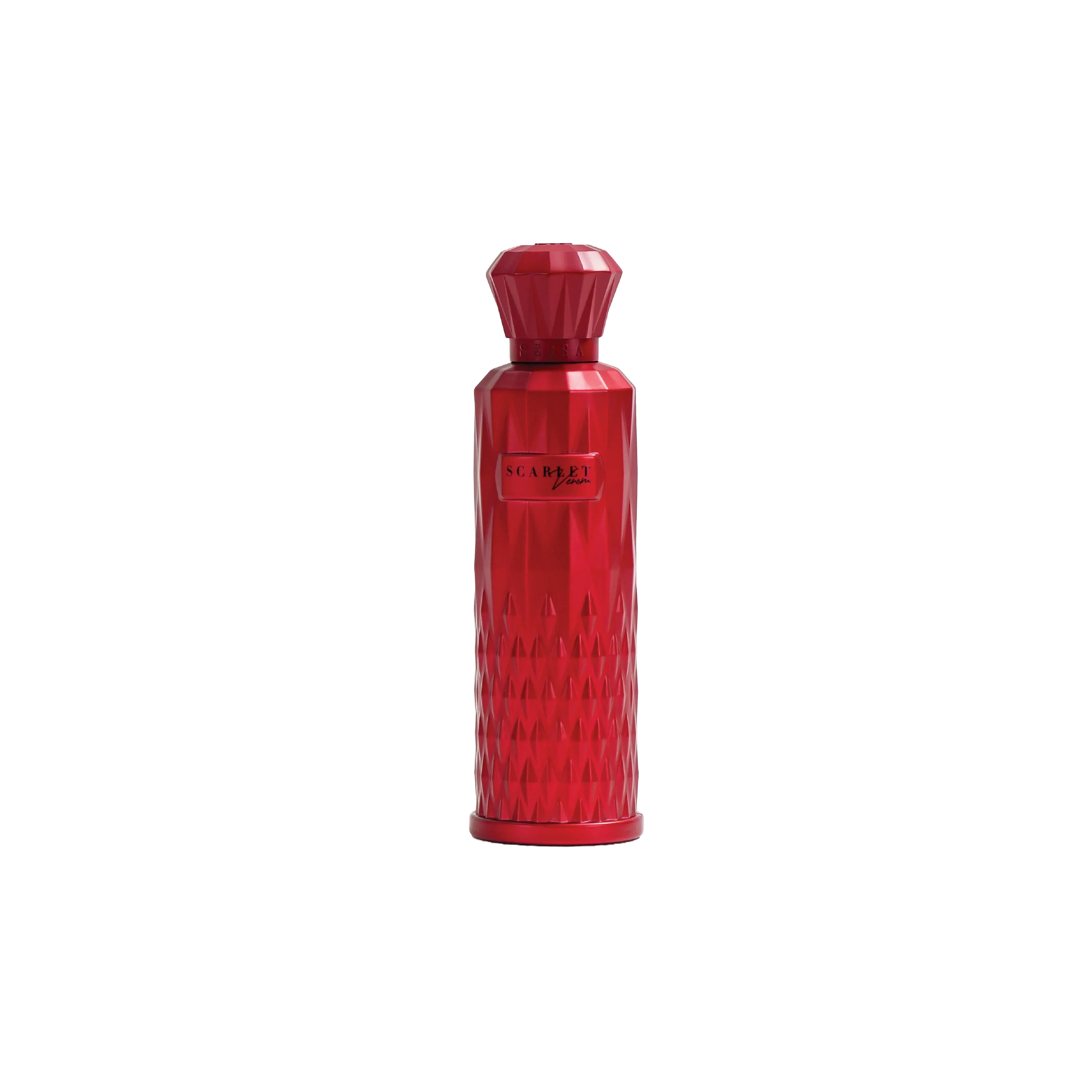 Red Middle Eastern perfume bottle with geometric pattern and Scarlet label on white background