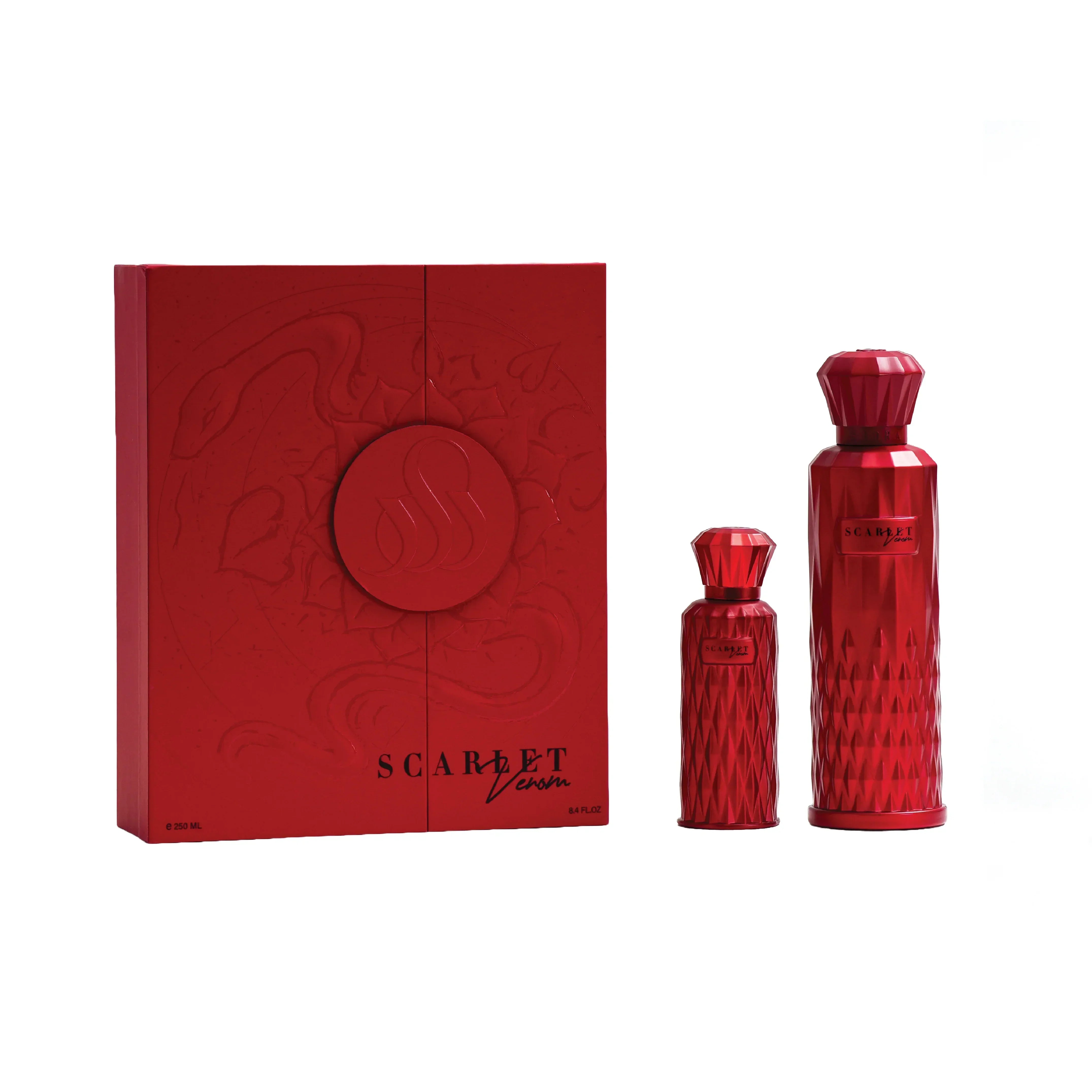 Red luxury perfume gift set with two faceted bottles and embossed decorative box