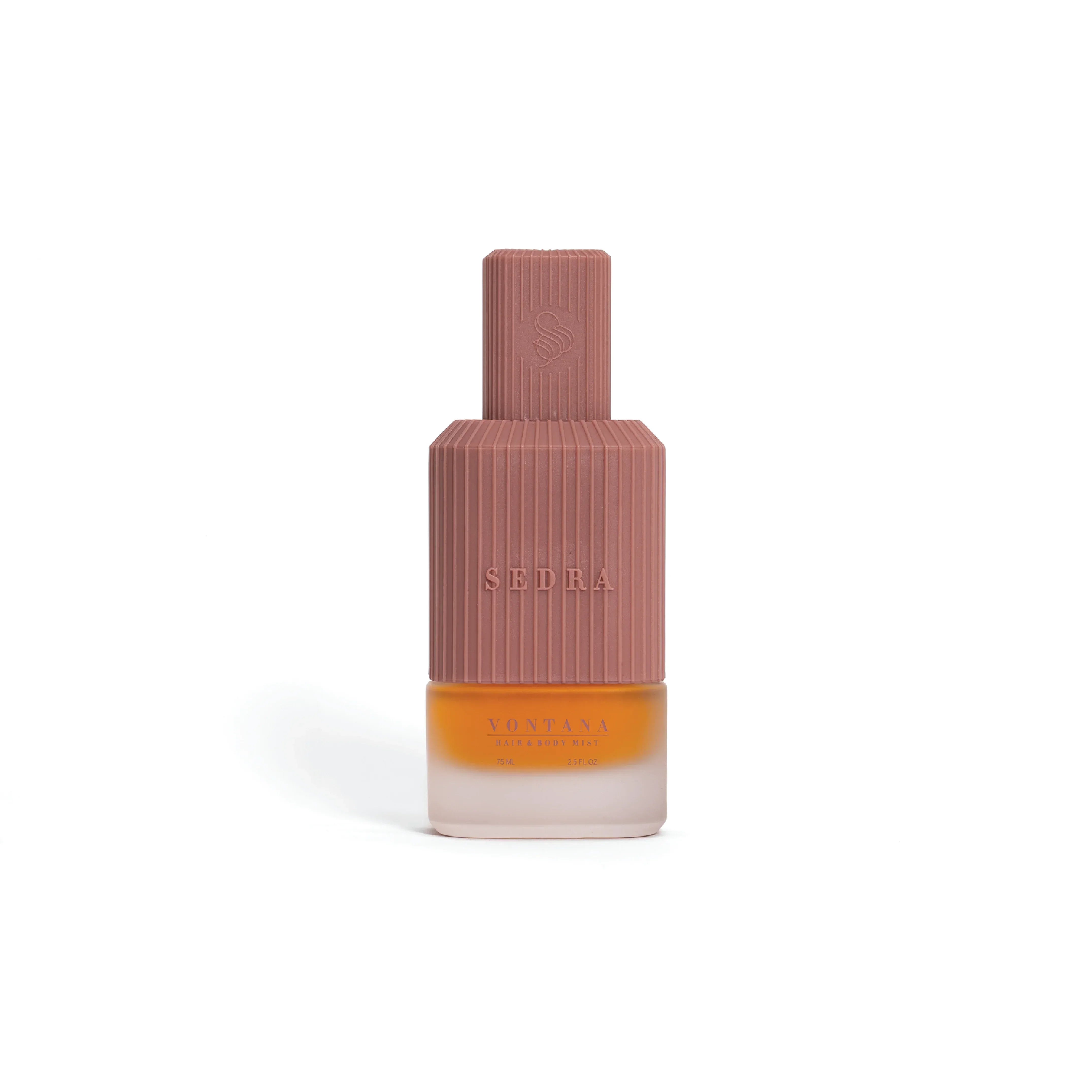 Sedra Vontana perfume bottle with textured brown cap and frosted glass base
