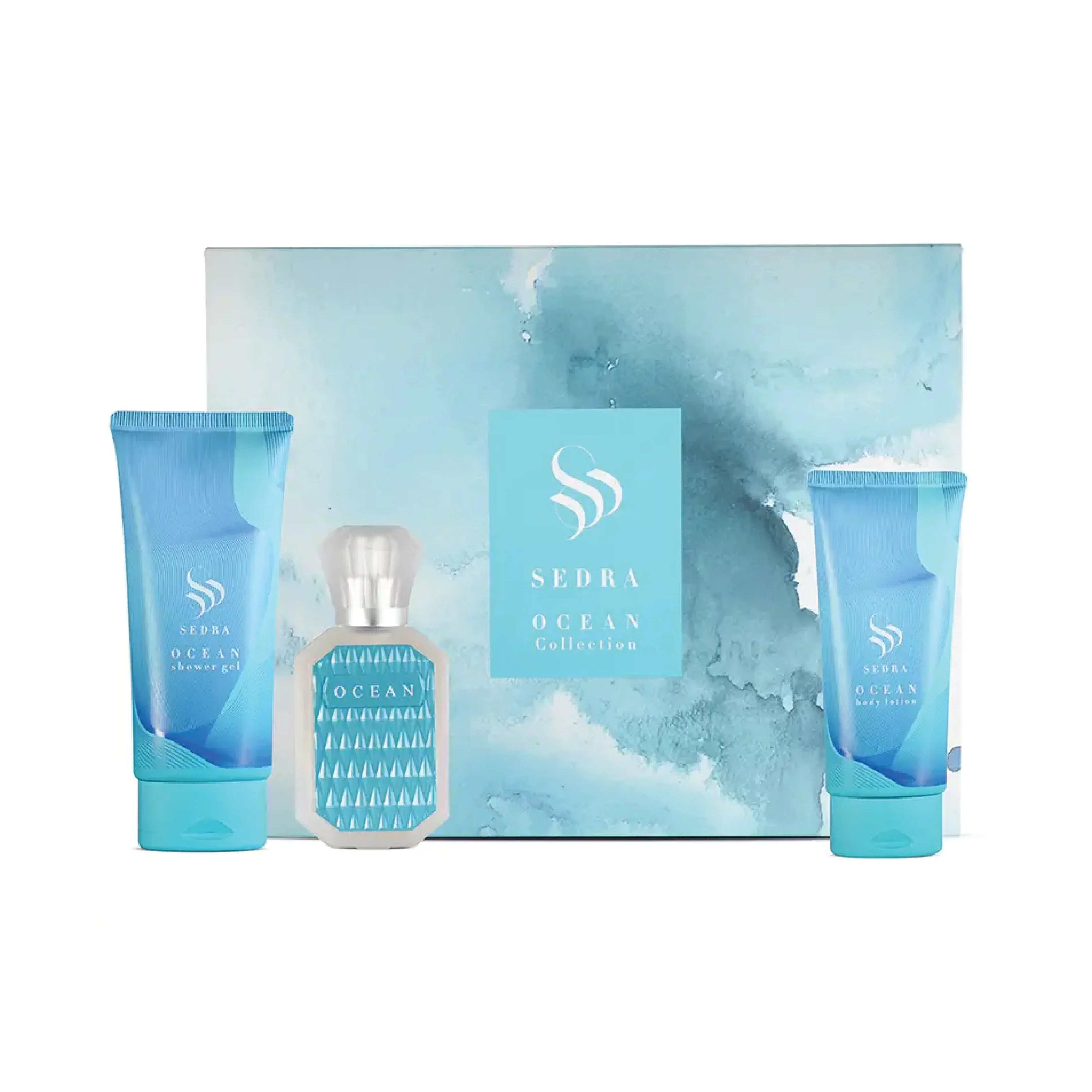 Sedra Ocean Collection gift set with perfume, shower gel, and body lotion in blue packaging