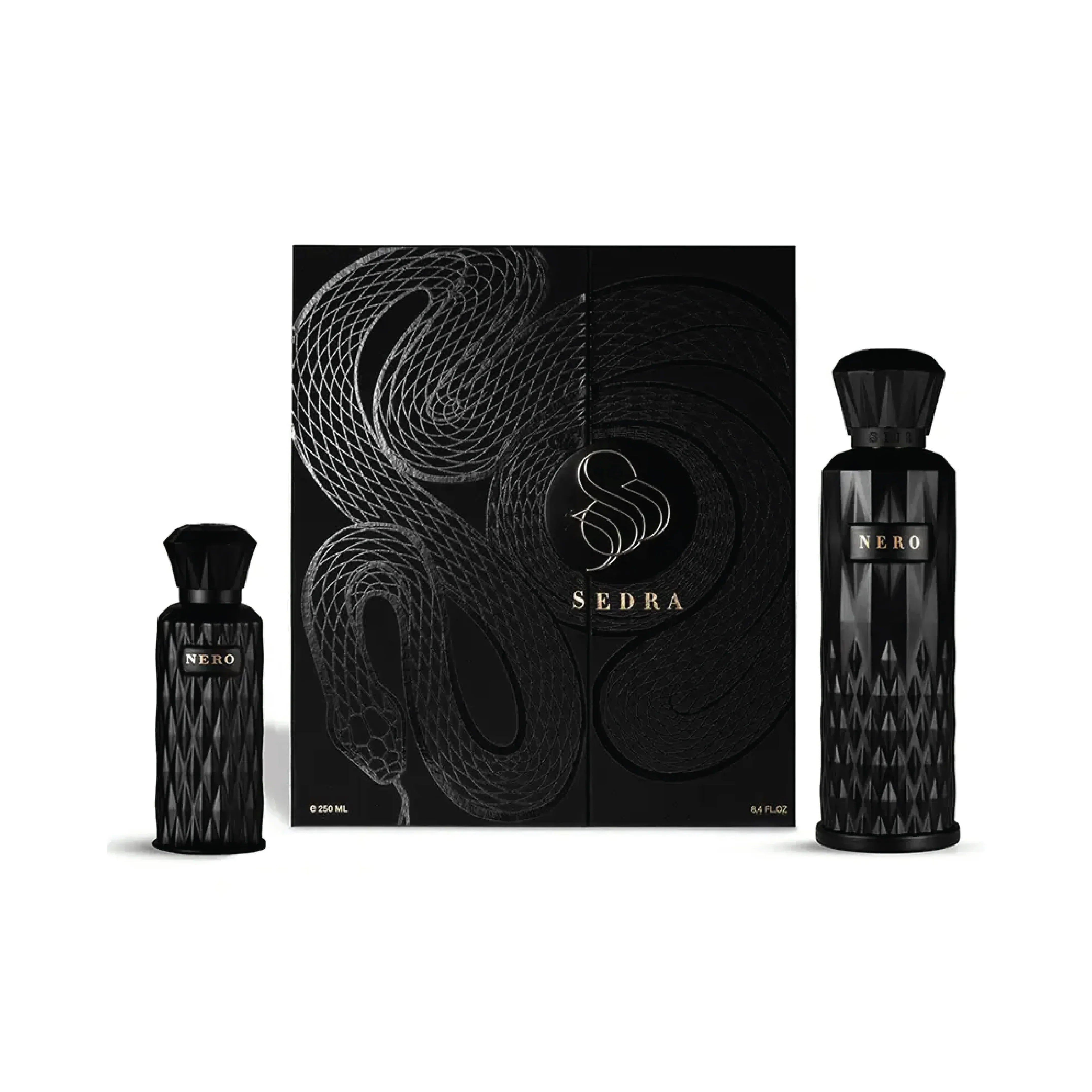 Luxury Middle Eastern perfume gift set with black bottles and artistic snake pattern box labeled Sedra Nero