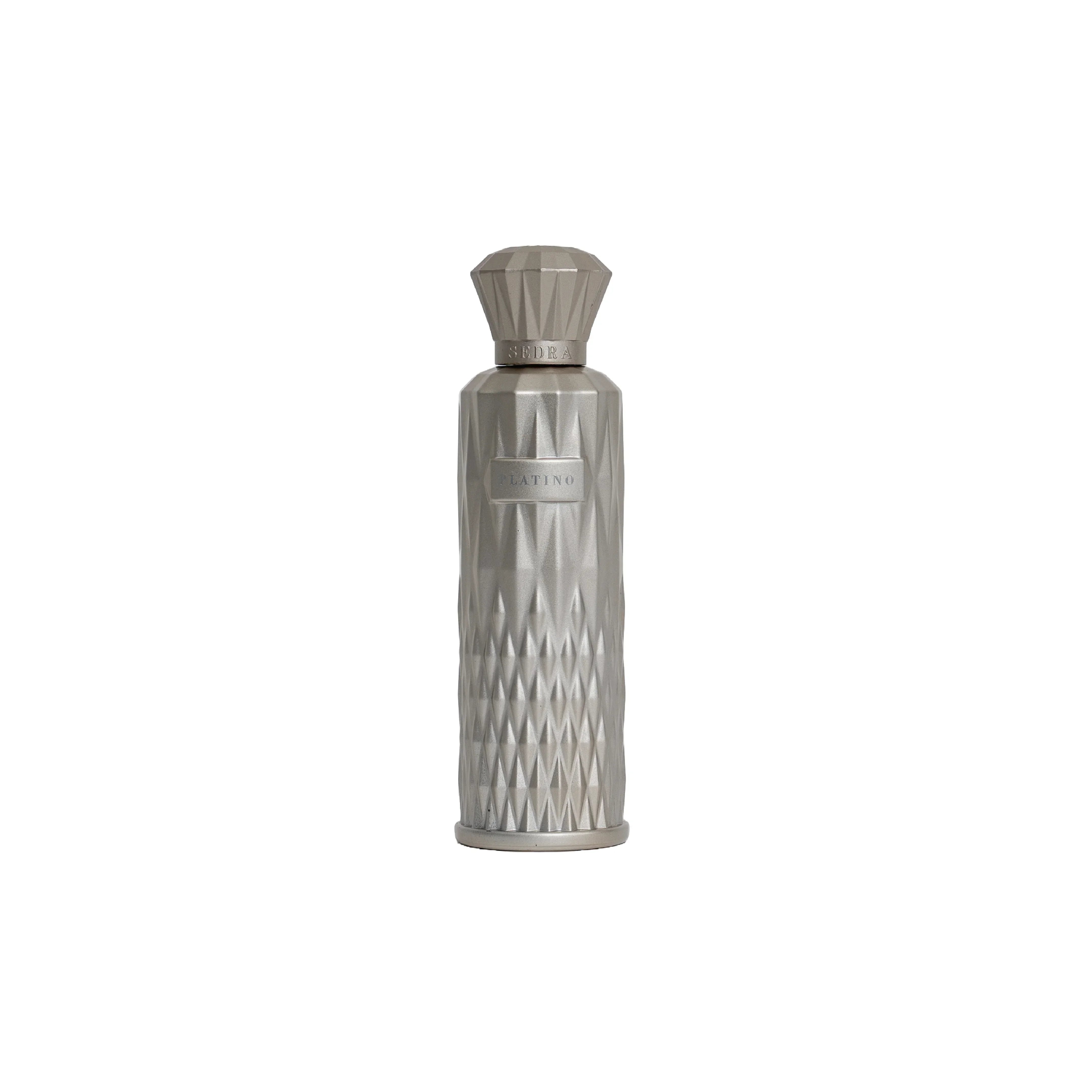 Elegant metallic perfume bottle with geometric pattern and platinum label on white background