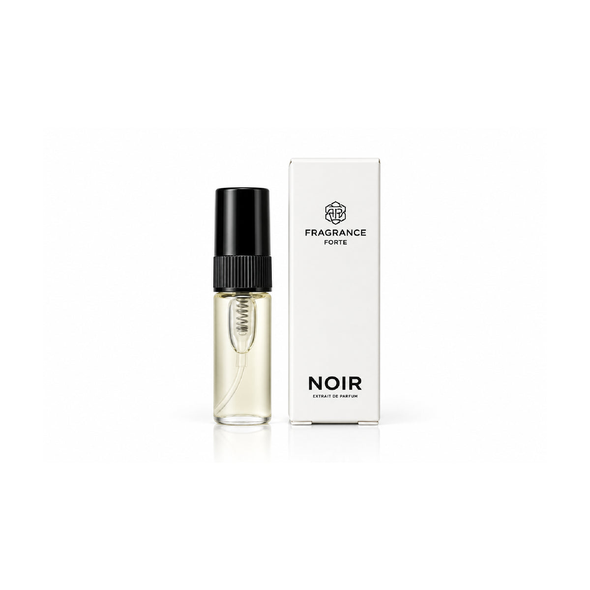 Fragrance Forte Noir extrait de parfum sample vial with black cap next to its white branded box.