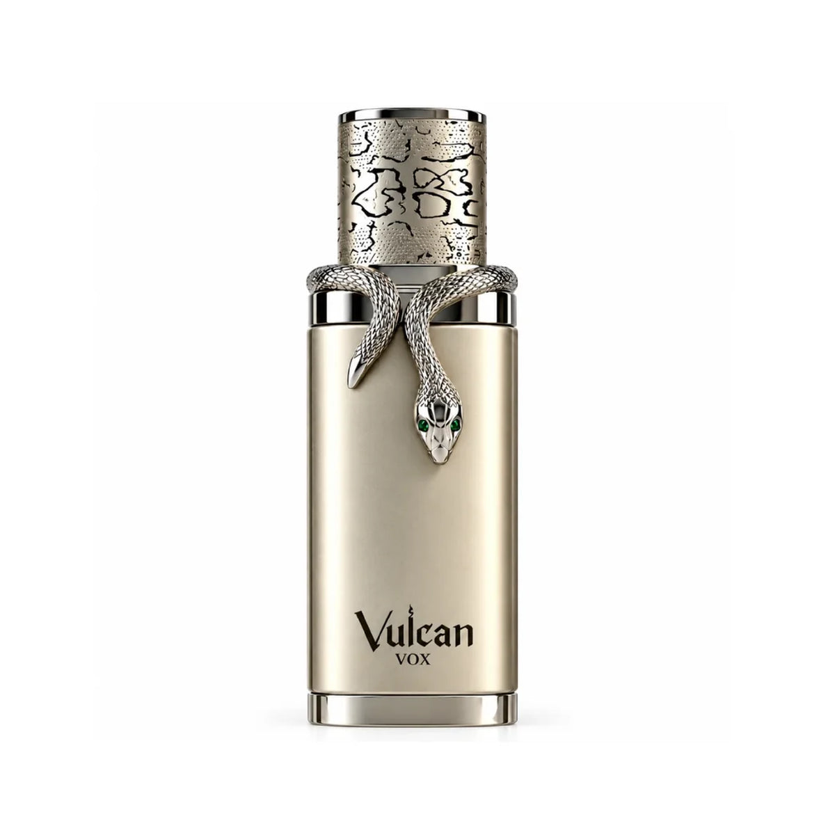 Vulcan Vox 100ml perfume bottle in gold with a textured cap and a silver snake accent featuring green eyes.