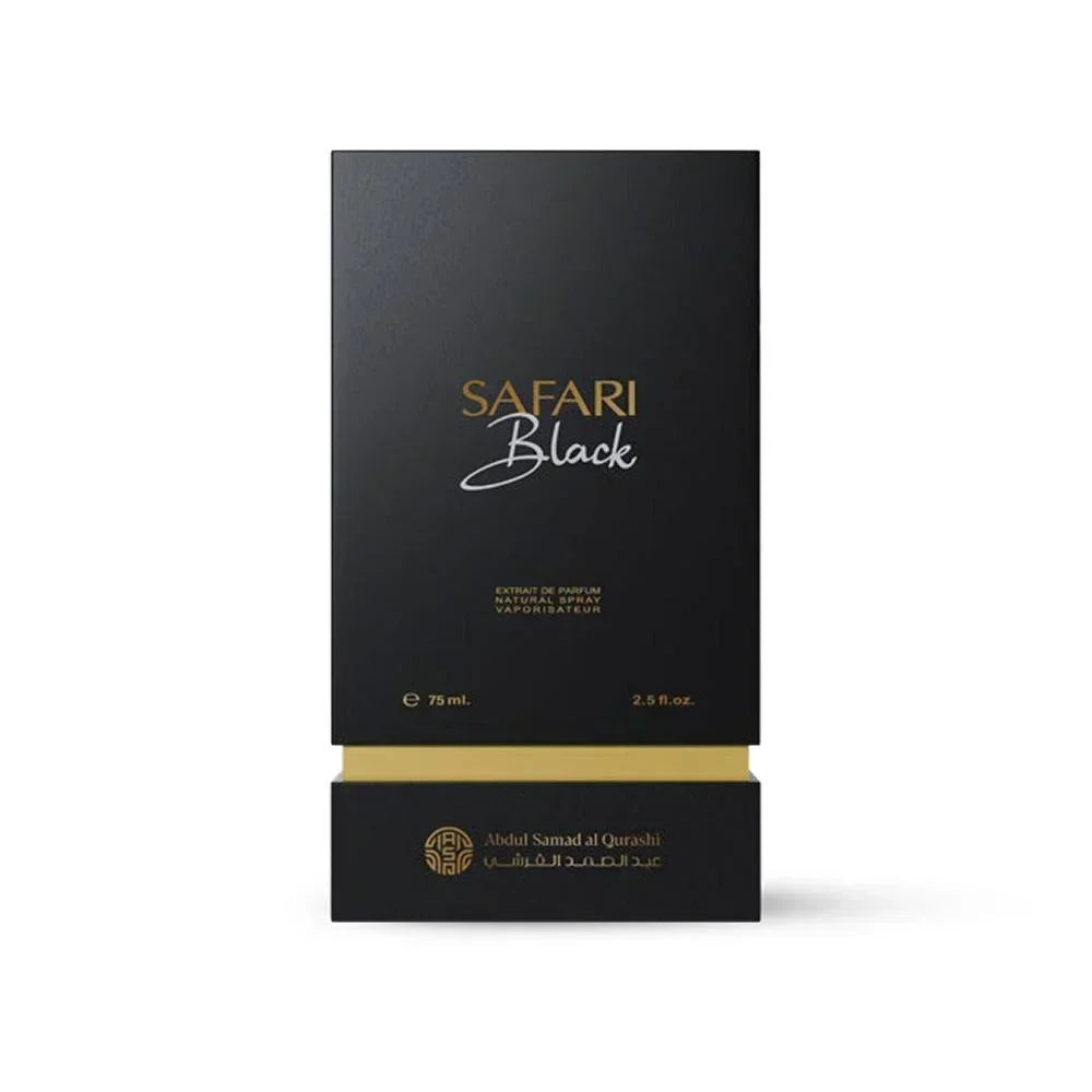 Safari Black perfume box, black with gold accents, luxury Middle Eastern fragrance.