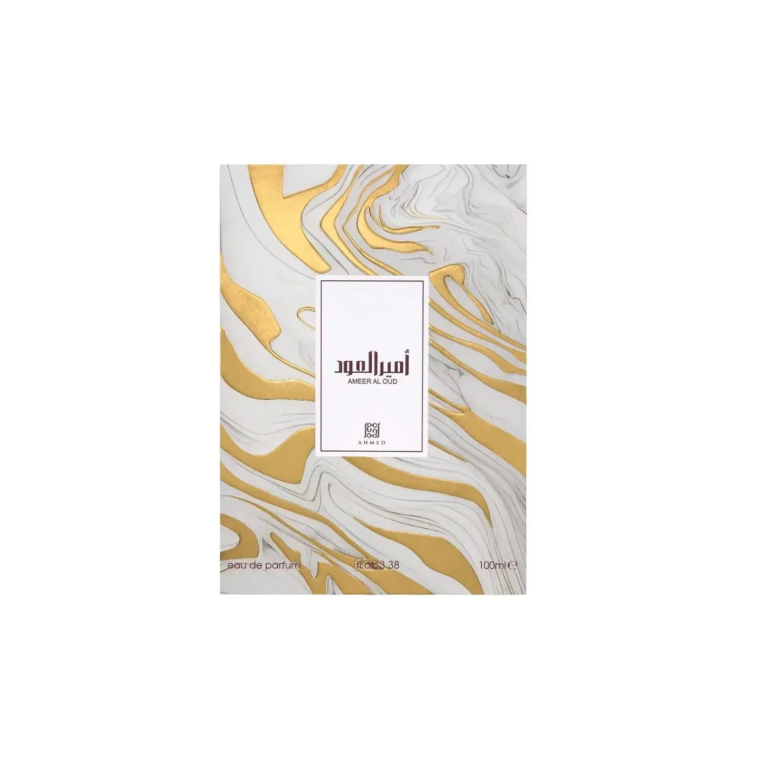 Ameer Al Oud perfume box with white and gold marbled design, 100ml size