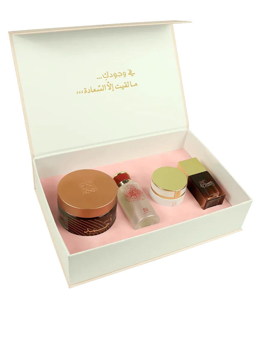 Luxury Middle Eastern perfume and body care gift set in an elegant open box