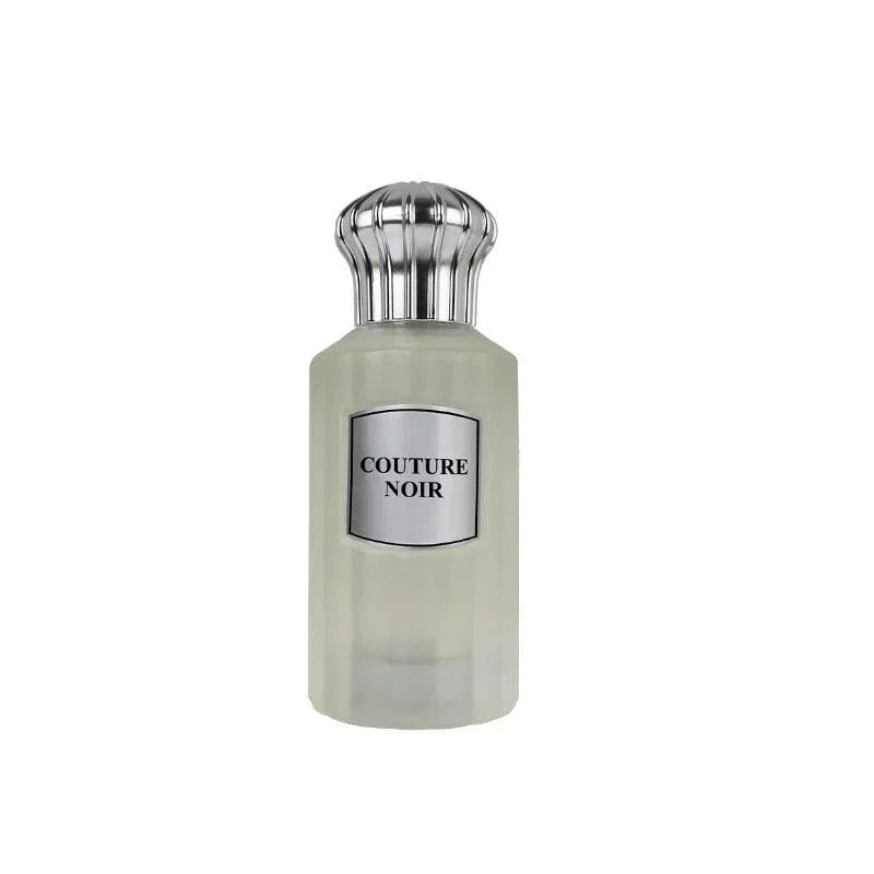 Couture Noir luxury perfume bottle with elegant silver cap and minimalist design