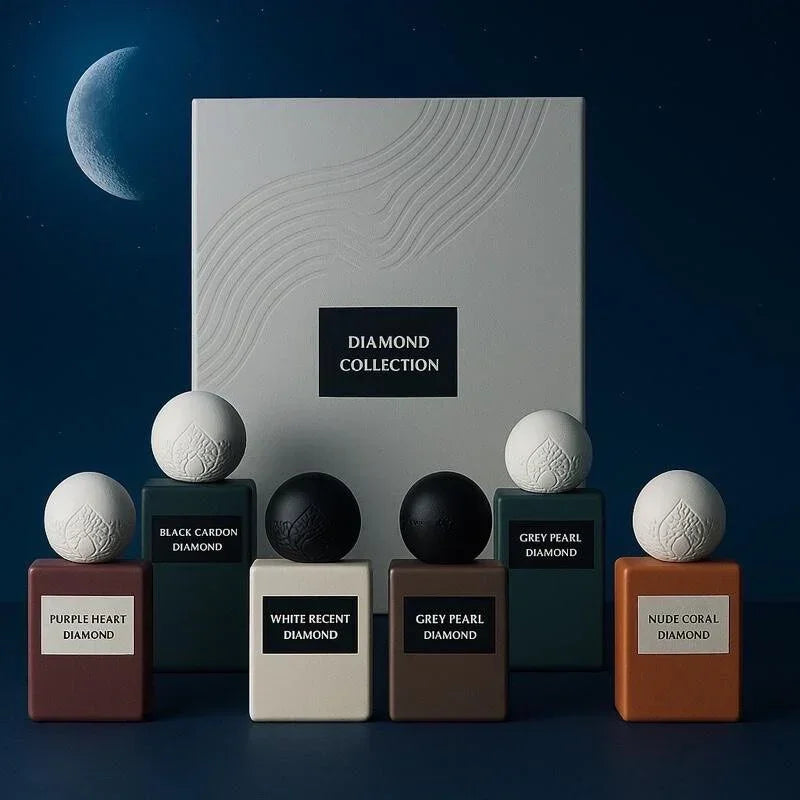 Luxury Diamond Collection perfume gift set with five elegant bottles and moonlit background