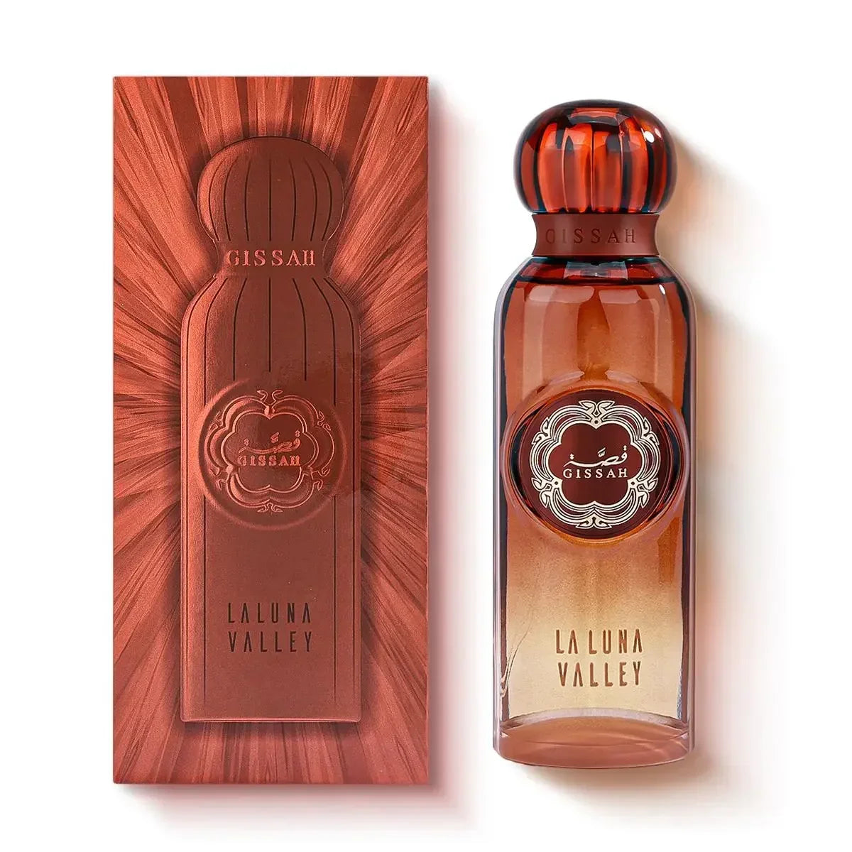 Gissah La Luna Valley perfume bottle and embossed box in elegant amber design