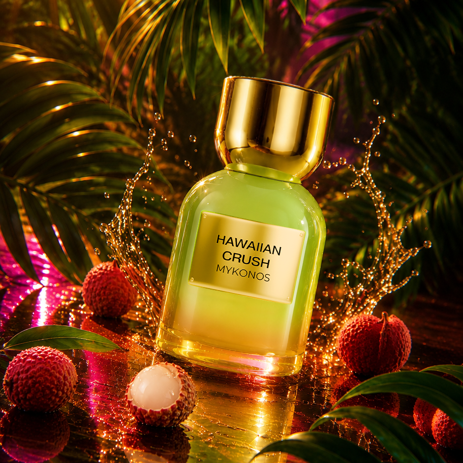 A bottle of Hawaiian Crush Mykonos perfume with a gold cap and green-yellow liquid, styled with lychees, tropical leaves, and dramatic golden lighting.