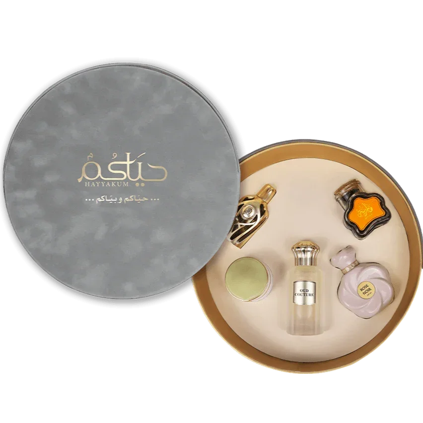 Luxury Middle Eastern perfume gift set with elegant bottles in a round presentation box